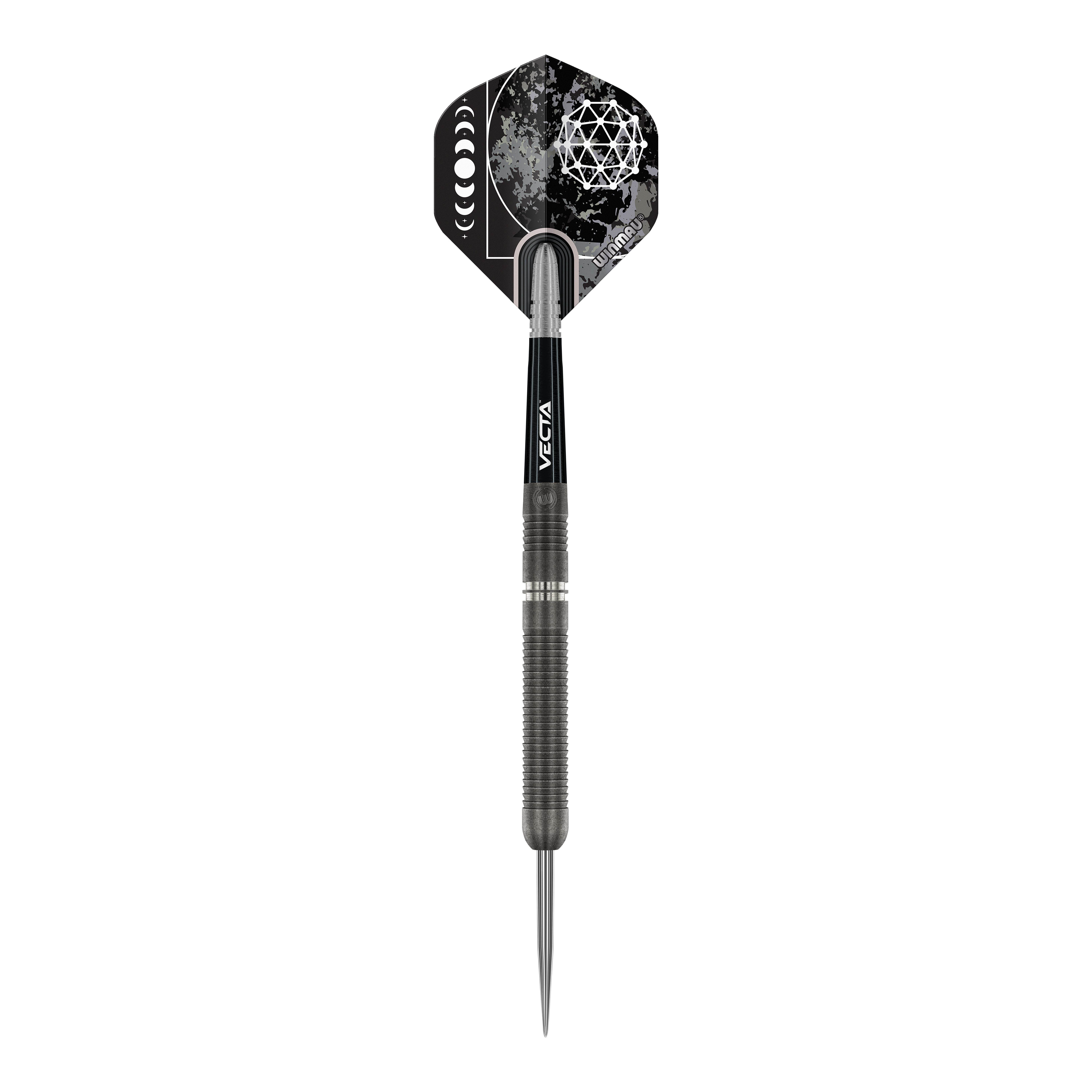 Dardos de acero Winmau Callisto 01 Das Bild zeigt einen Winmau Callisto 01 Steeldart. Der Dartpfeil hat ein modernes Design mit schwarzen und silbernen Elementen sowie auffälligen Grafiken auf dem Flight.