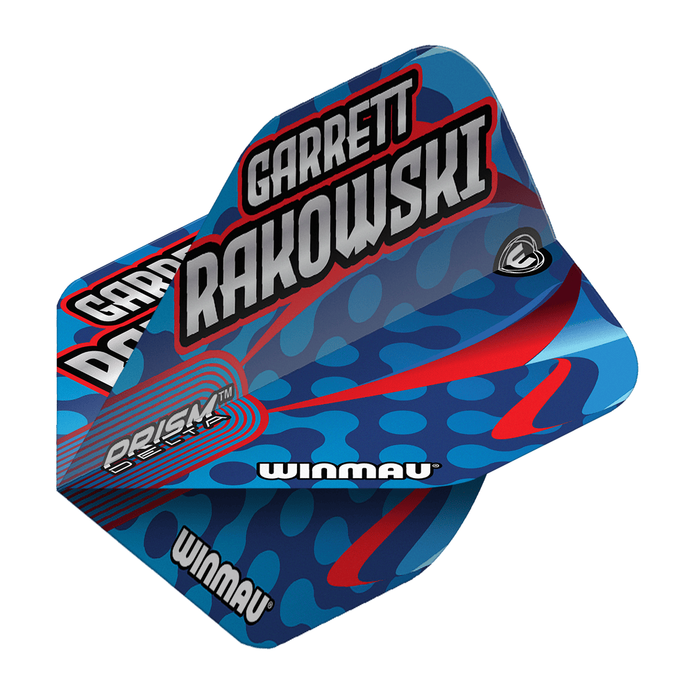 Vuelos estándar Winmau Prism Delta Garrett Rakowski Auf dem Bild ist ein Winmau Prism Delta Garrett Rakowski Standard Flight zu sehen. Das Design ist blau mit roten und hellblauen Akzenten und trägt den Namen "Garrett Rakowski".