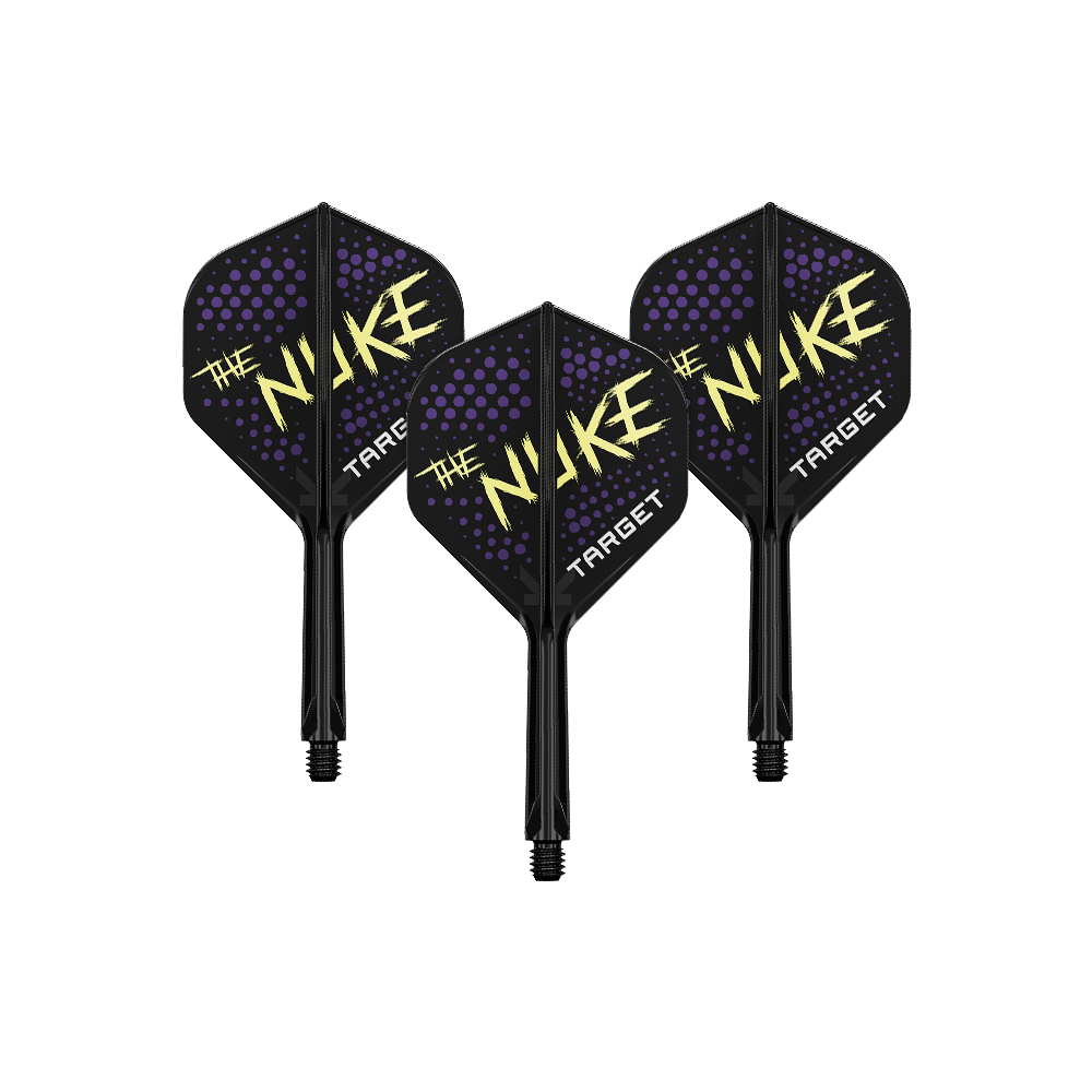 Sistema de vuelo estándar Target K-Flex Luke Littler Black No2 Auf dem Bild sind drei schwarze Dartflights mit dem Schriftzug „The Nuke“ in gelber Farbe zu sehen. Die Flights haben außerdem violette Punkte und den Markennamen „Target“ in weiß.