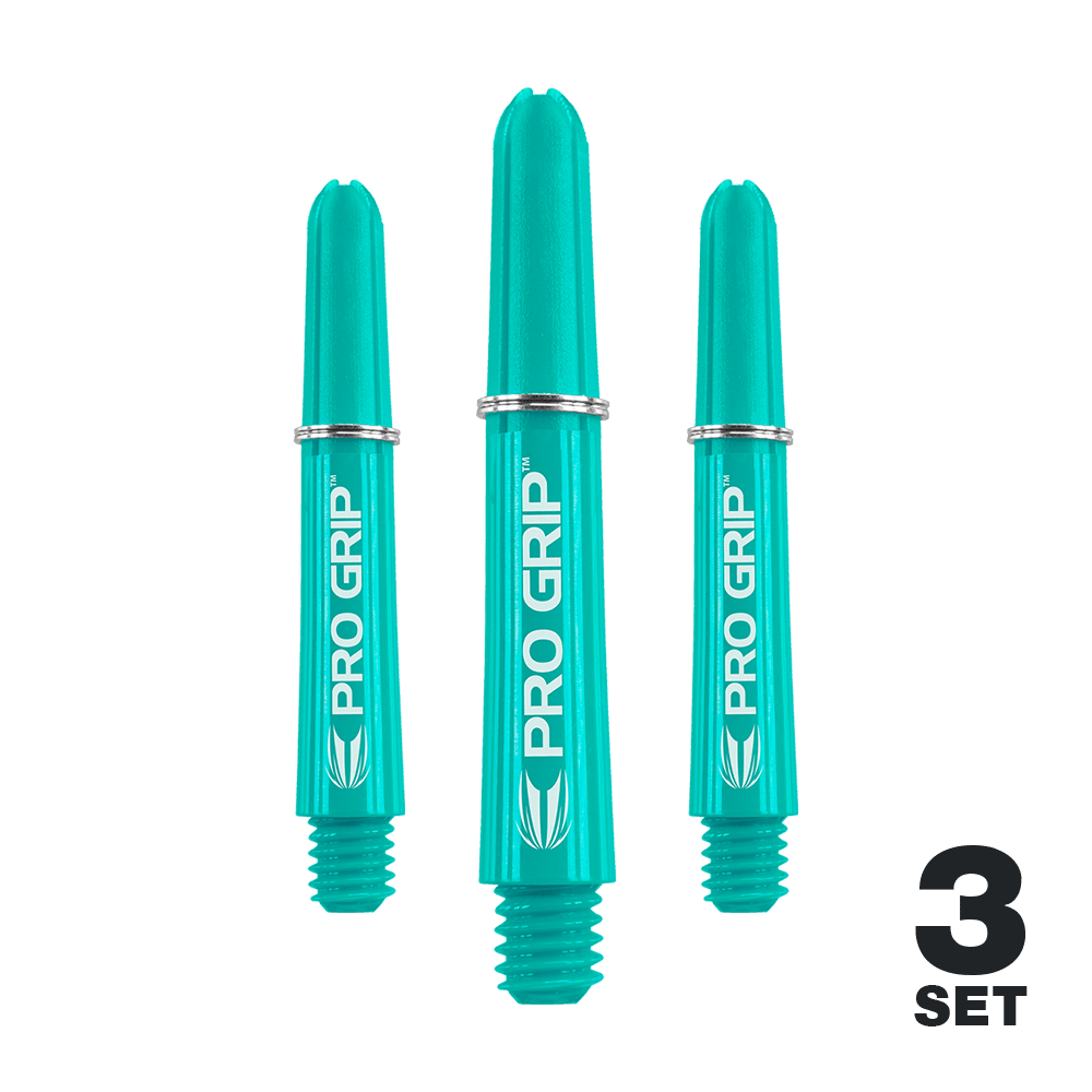 Varillas Target Pro Grip - 3 juegos - Aqua Auf dem Bild sind drei aqua-blaue Pro Grip Shafts für Darts zu sehen. In der rechten unteren Ecke steht "3 SET".