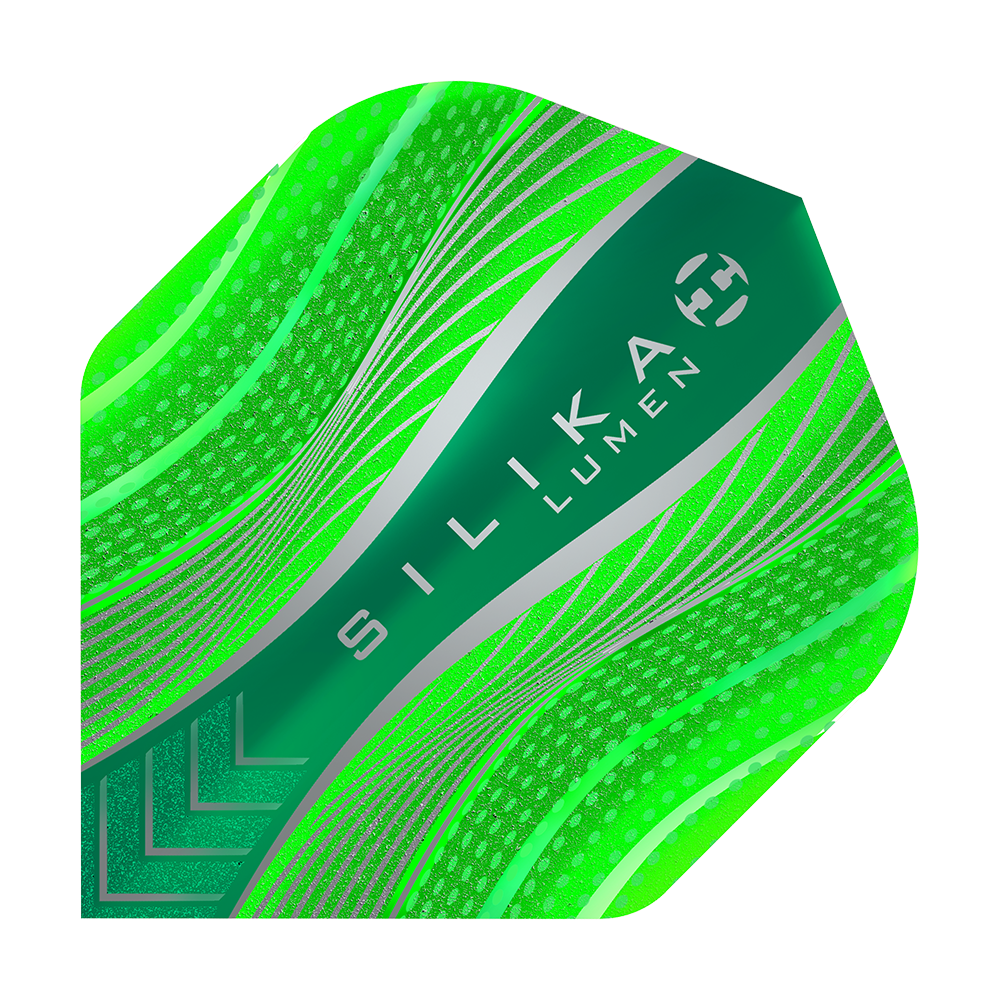 HR63_Harrows_Silika_Lumen_Green_No2_Standard_Flights_1 Das Bild zeigt ein grünes Dartflight mit dem Namen „Harrows Silika Lumen Green No2 Standard Flights“. Das Flight hat ein modernes Design mit leuchtenden grünen und silbernen Mustern sowie der Aufschrift „SILIKA LUMEN“.