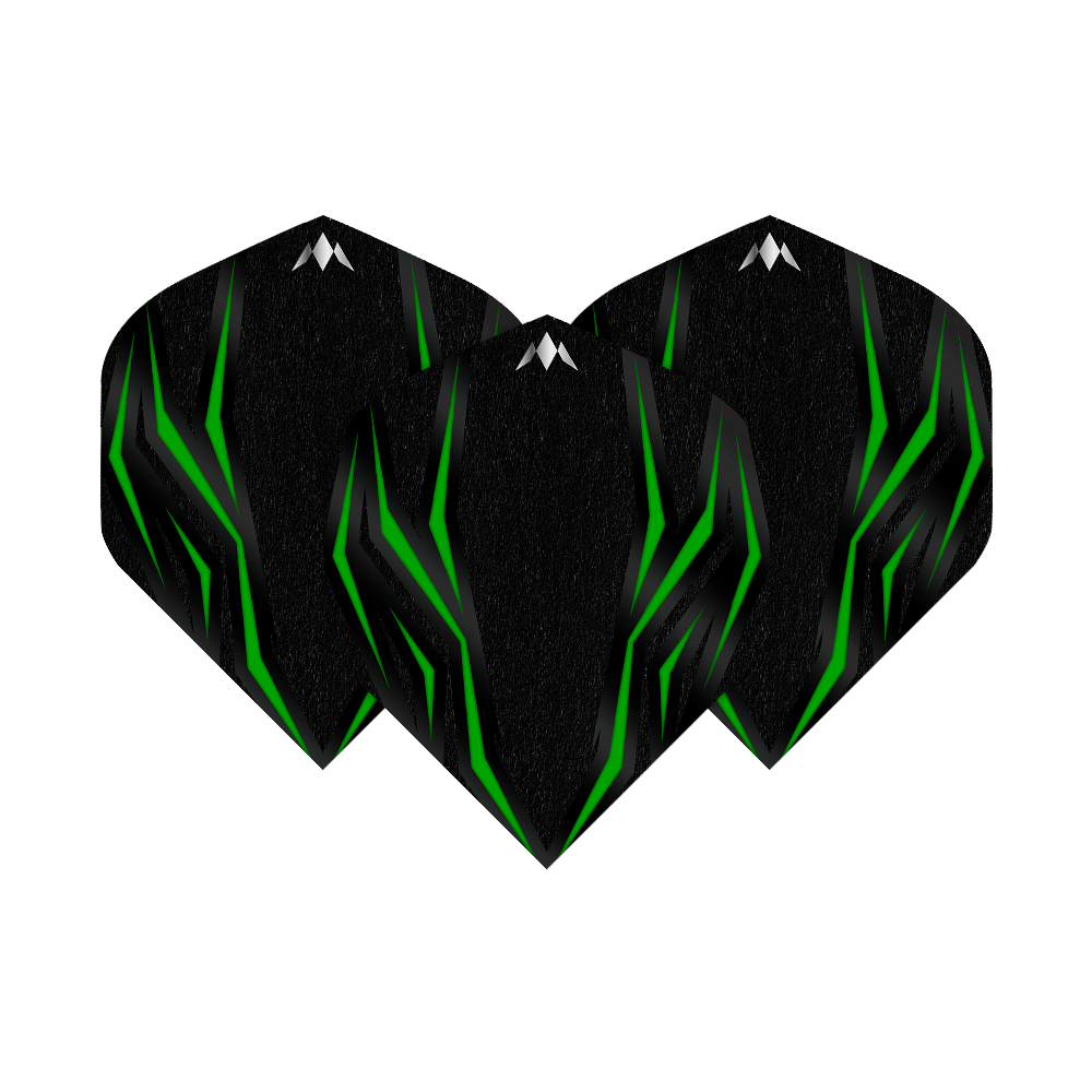 Misión Lava Verde N°2 Vuelos Estándar Das Bild zeigt die Mission Lava Green No2 Standard Flights. Die Flights sind schwarz mit grünen, leuchtenden Linien und einem kleinen weißen Logo oben.
