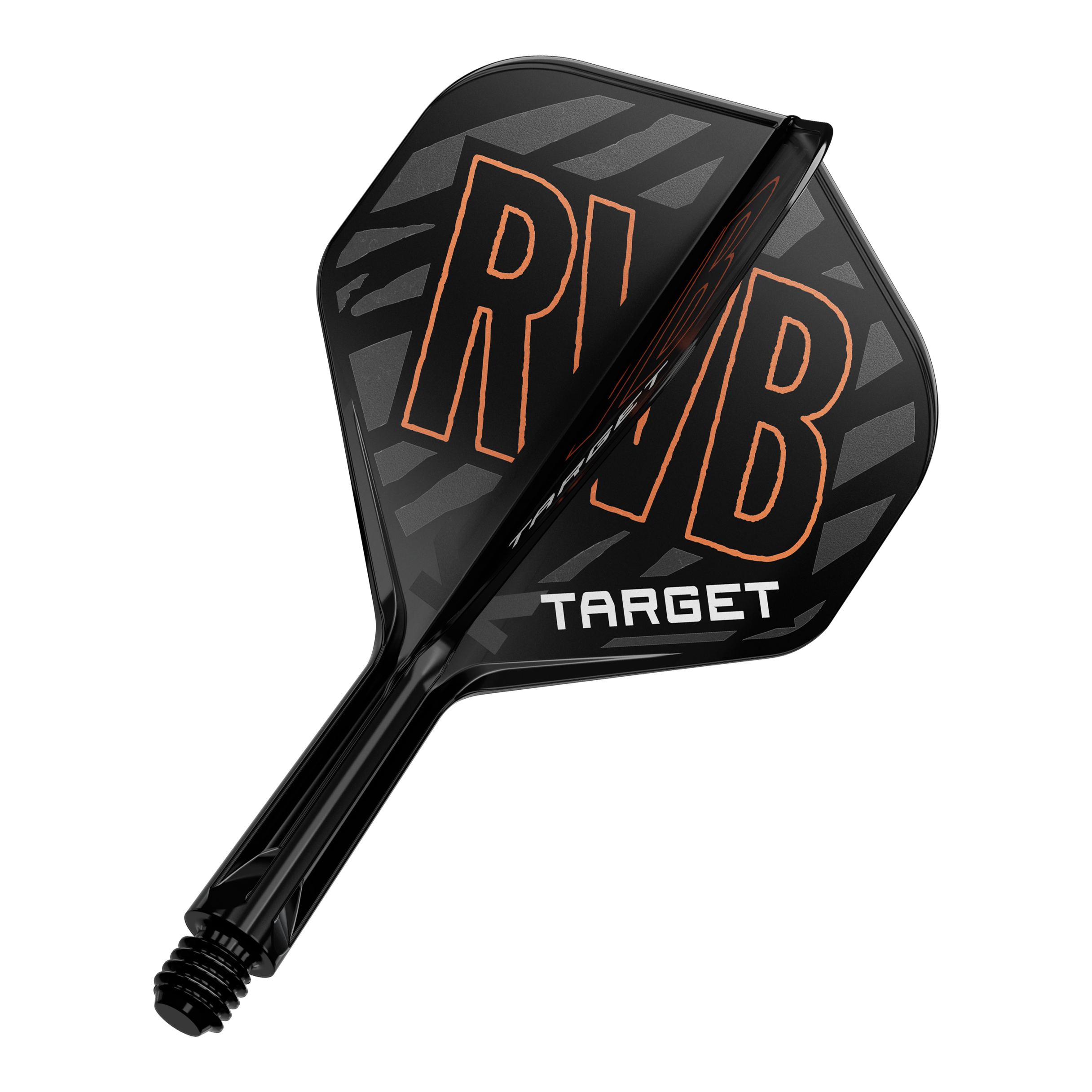 Target K-Flex Raymond Van Barneveld No2 Sistema de eje de vuelo estándar Das Bild zeigt einen schwarzen Dartflight mit der Aufschrift "RVB" in orange. Darunter steht das Wort "TARGET" in weißen Buchstaben.