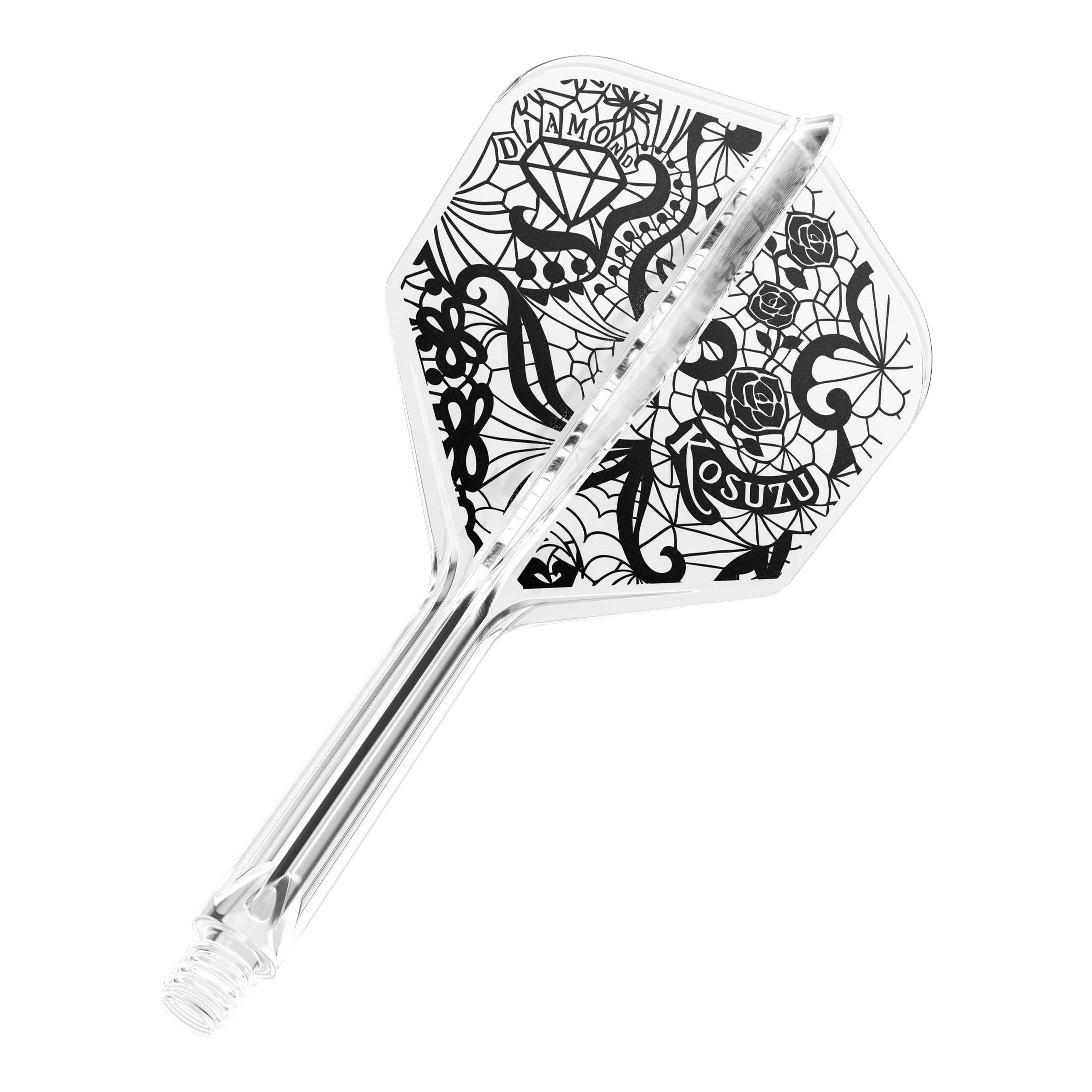 Sistema de eje de vuelo Target Japan K-Flex Diamond No6 Dies ist ein transparenter Dartpfeil mit schwarzem, detailreichem Design auf der Flight-Fläche. Auf dem Flight sind unter anderem ein Diamant, Rosen und Schriftzüge zu sehen.