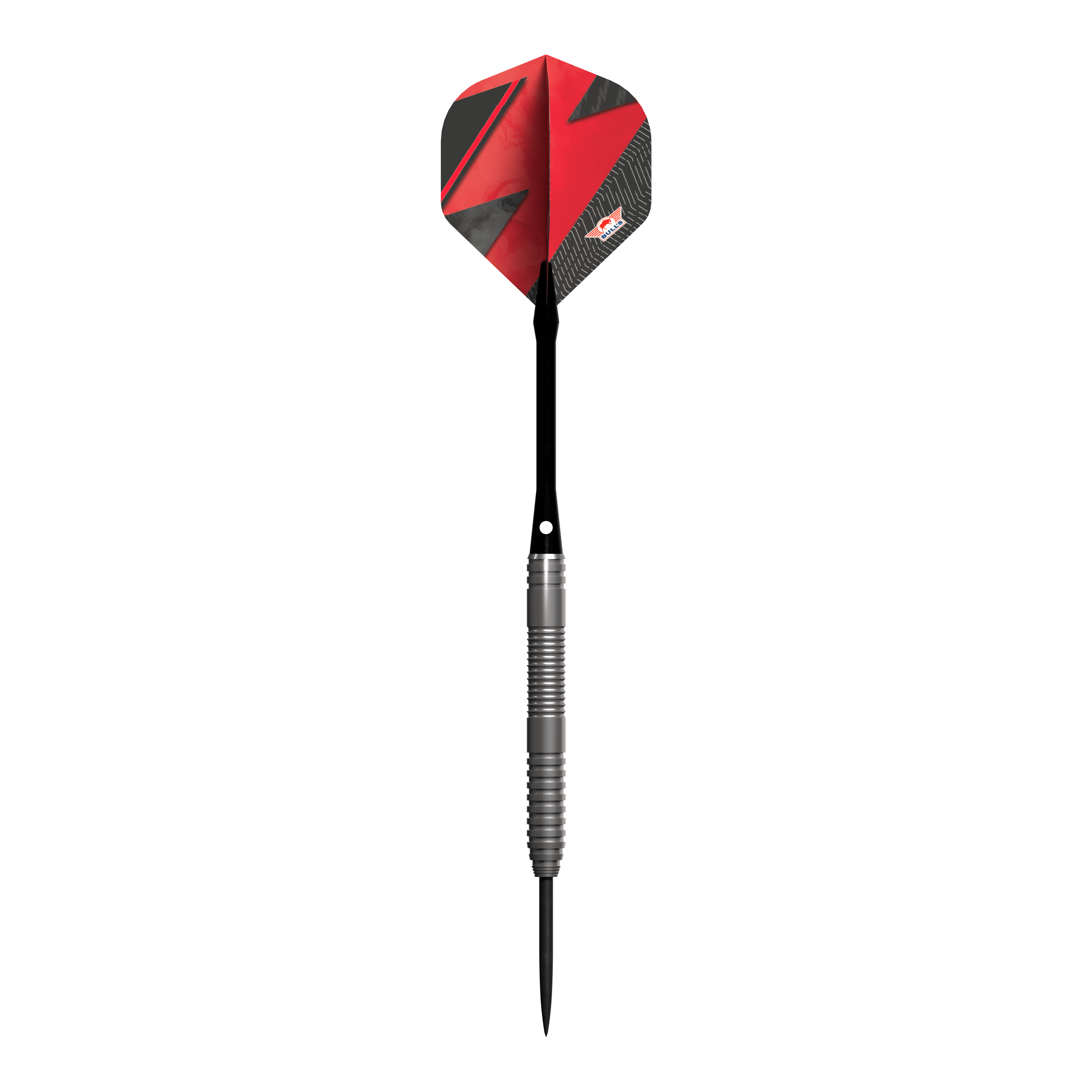 Dardos de acero Bulls NL Lightning Red Das Bild zeigt einen Steeldart-Pfeil mit einem silbernen Griff und einer roten Flights. Der Pfeil trägt das Design und Logo der Marke Bulls NL Lightning Red.