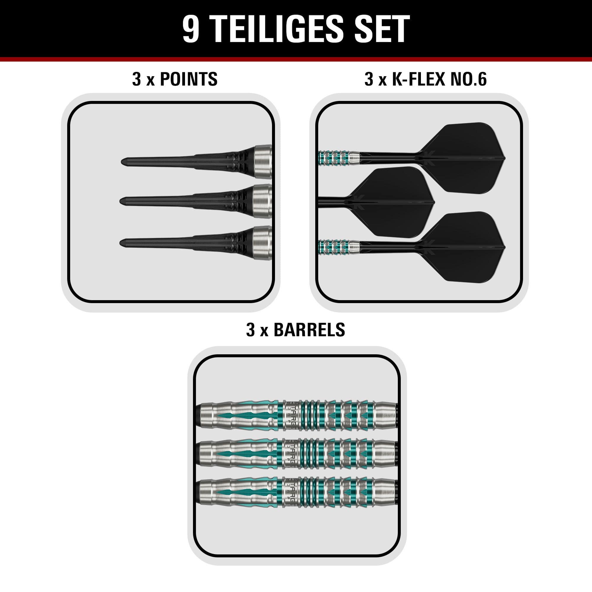 Dardos blandos Target Black Marque Pierce - 18,5 g Hier sind die Target Black Marque Pierce Softdarts mit 18,5g abgebildet. Die Darts sind speziell für hohe Präzision und Stil entwickelt.