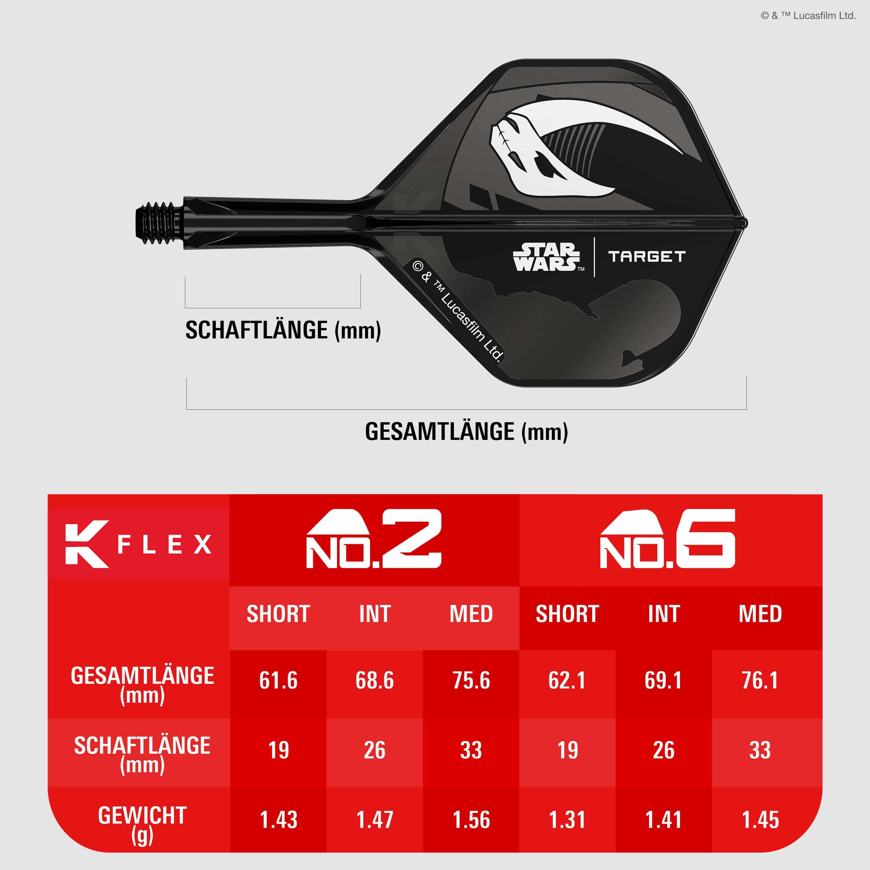 Set Target Star Wars K-Flex Mandalorian No6 Vuelos Abgebildet ist das Target Star Wars K-Flex-Set Mandalorian No2 Standard Flights. Die Flights zeigen ein Design im Stil von Mandalorian aus Star Wars.