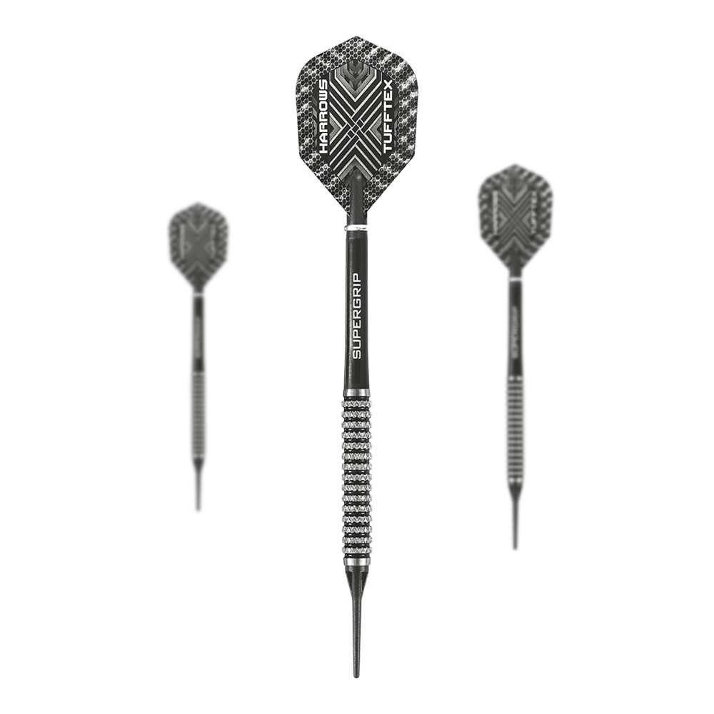 Dardos blandos Harrows Nemesis Das Bild zeigt drei Harrows Nemesis Softdarts mit schwarzem und silbernem Design. Die Darts haben strukturierte Griffe und auffällige Flights mit dem Schriftzug "Harrows TUFFTEX".