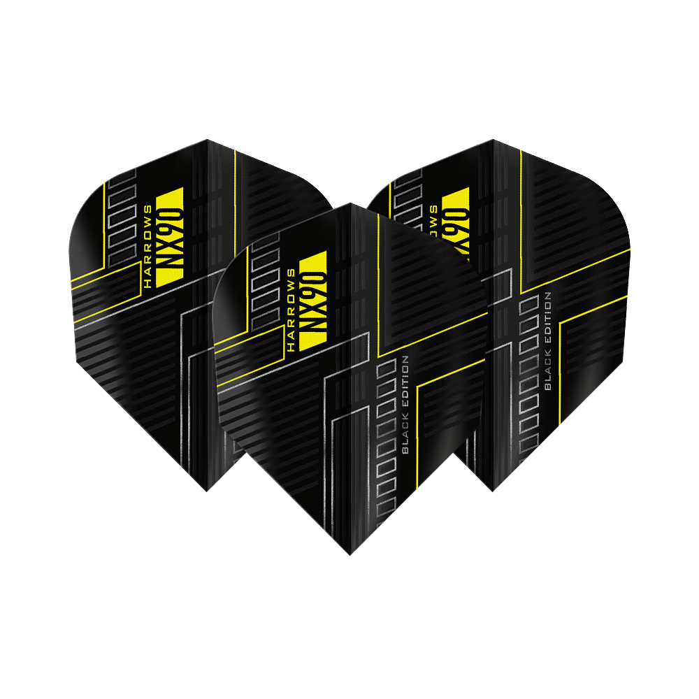 Vuelos Harrows NX90 Black Edition No6 Das Bild zeigt drei schwarze Dart-Flights mit dem Namen "Harrows NX90 Black-Edition No6". Die Flights haben ein modernes Design mit gelben Linien und Schriftzügen.