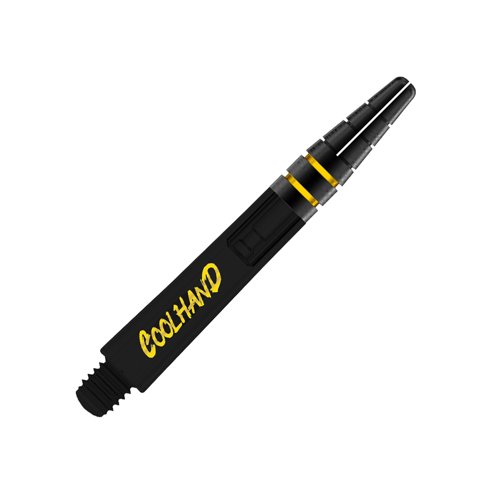 Flechas Red Dragon Nitrotech Luke Humphries Coolhand - Negras Das Bild zeigt einen schwarzen Dart-Schaft mit gelben Akzenten. Auf dem Schaft steht das Wort "COOLHAND" in gelber Schrift.