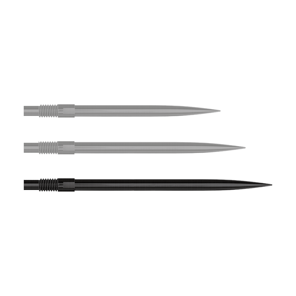 Puntas de dardos Harrows Quick Point - Negras Auf diesem Bild sind 40 mm lange, schwarze Dartspitzen dargestellt. Die Spitzen werden nebeneinander angeordnet gezeigt.