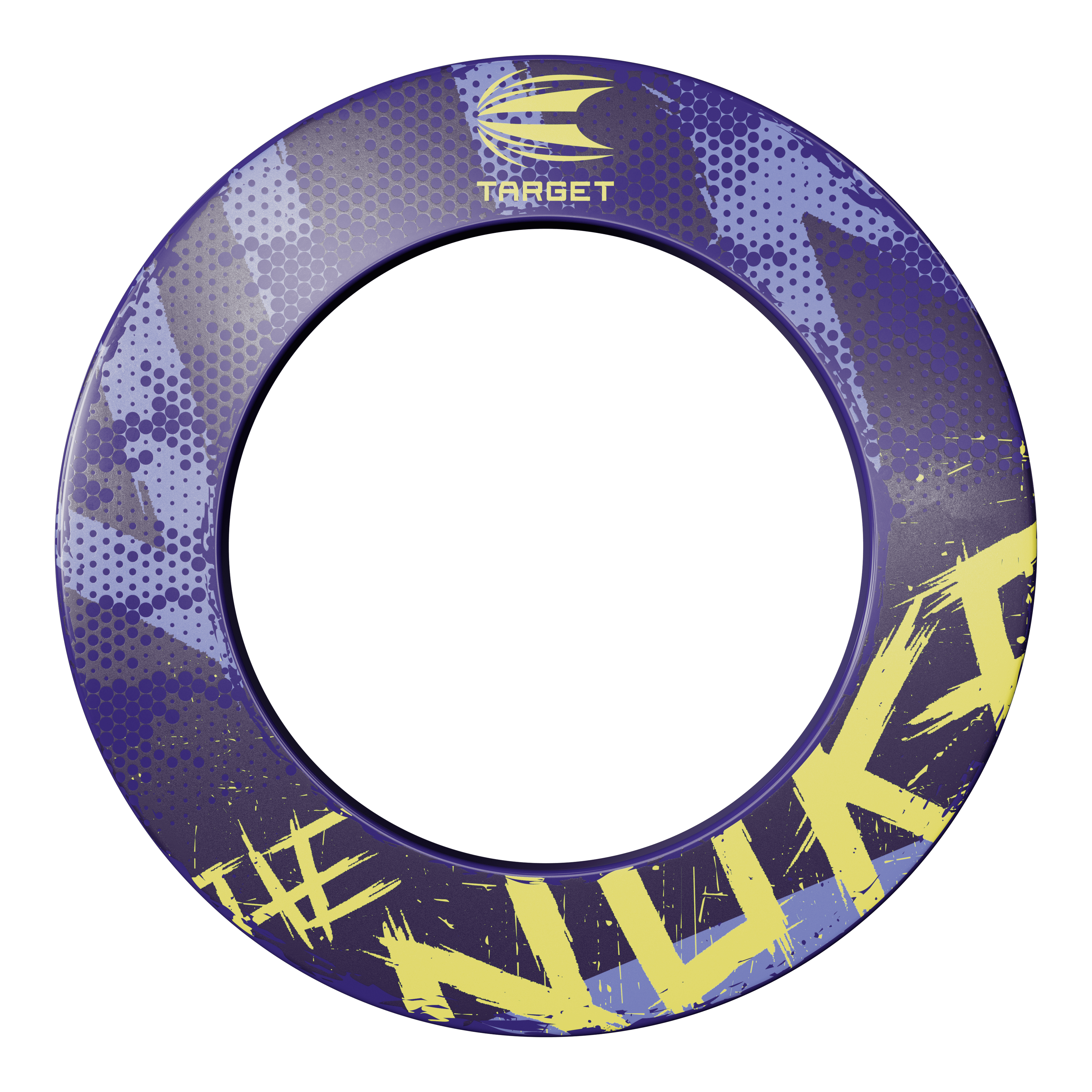 Target Luke Littler El tablero de dardos Nuke Surround Dieses Bild zeigt die Target Luke Littler The Nuke Dartboard Surround. Der Ring ist lila mit gelben und blauen Akzenten und trägt den Schriftzug "#NUKI" und das Target-Logo.