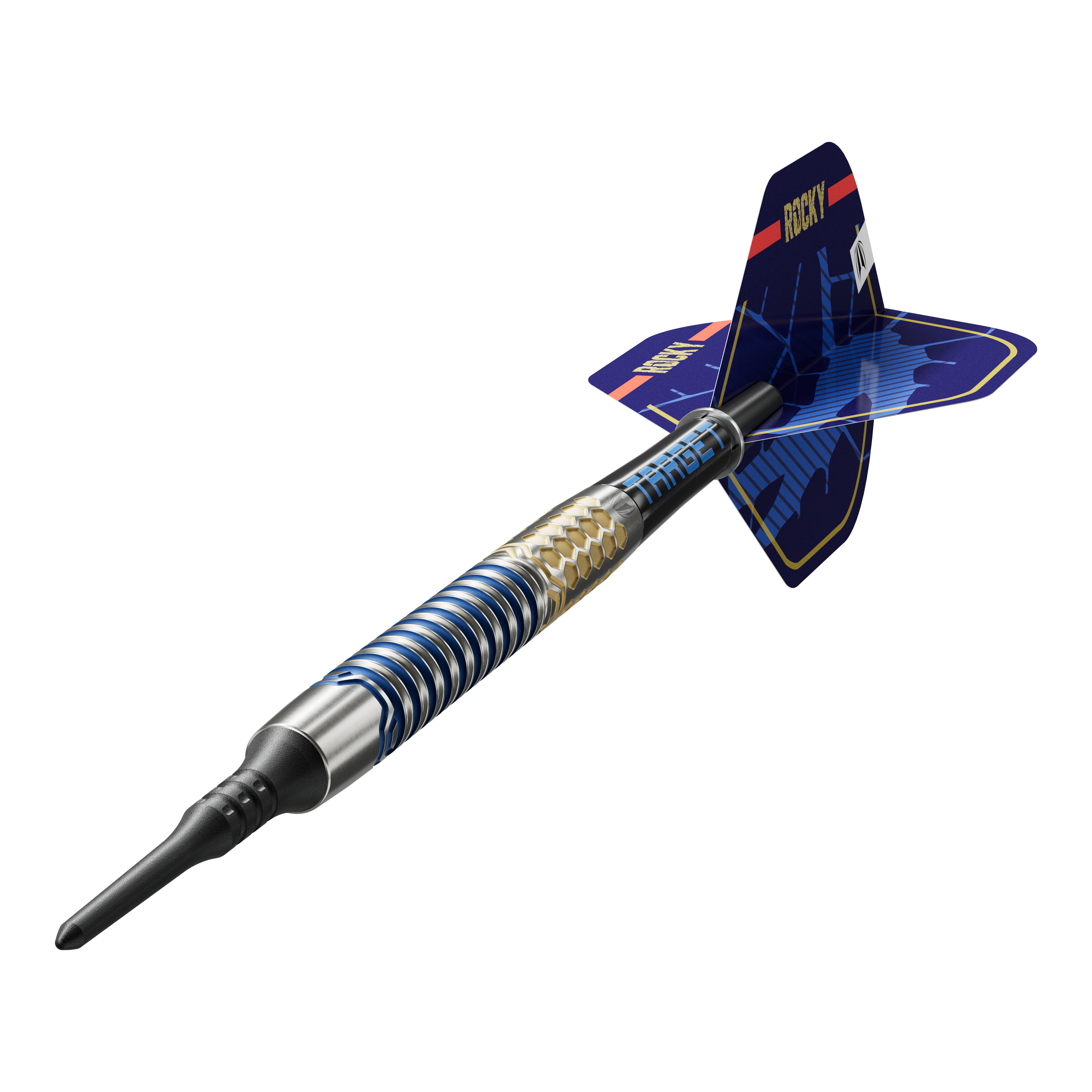 Dardos blandos Target Josh Rock GEN1 - 20 g Das Bild zeigt einen Target Josh Rock GEN1 Softdart mit einem Gewicht von 20g. Der Dart hat ein modernes, blau-silbernes Design mit auffälligen Flügeln.