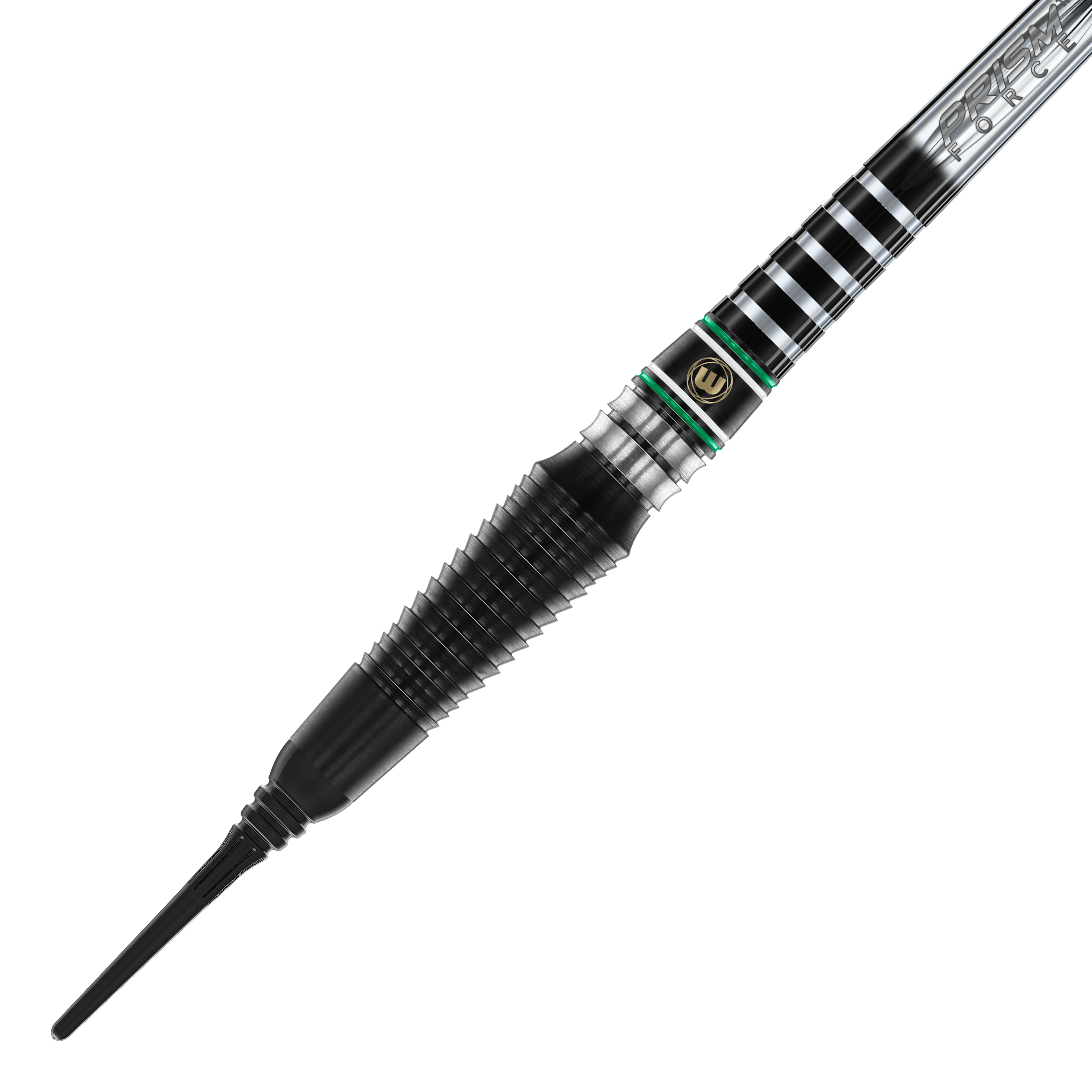 Dardos blandos Winmau Sniper Black 2025 - 20 g Auf dem Bild ist ein Winmau Sniper Black 2025 Softdart mit einem Gewicht von 20g zu sehen. Der Dart hat ein modernes, schwarzes Design mit silbernen und grünen Akzenten.