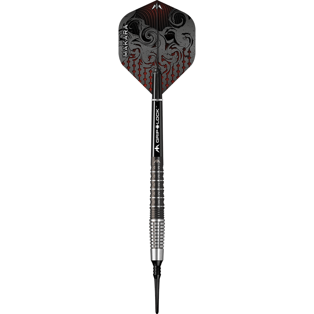 Dardos blandos Mission Makara M2 - 20 g Das Bild zeigt einen Mission Makara M2 Softdart mit einem Gewicht von 20g. Der Dart hat ein auffälliges Flight-Design in Schwarz und Rot sowie eine geriffelte silber-schwarze Griffzone.
