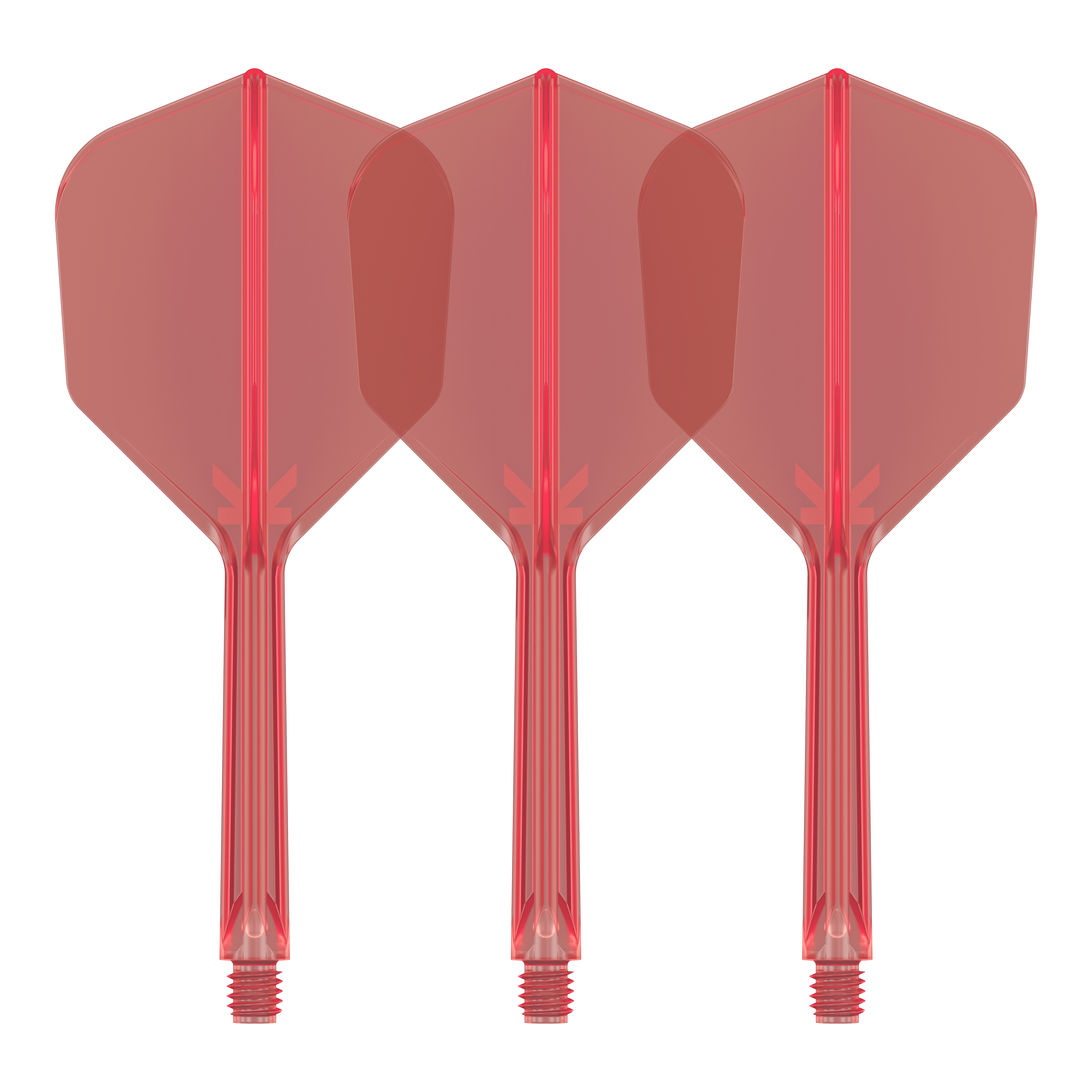 Sistema de vuelo Target K-Flex No6 - Rojo Auf dem Bild sind drei rote Dart-Flights mit integrierten Schäften zu sehen. Sie stehen nebeneinander und sind identisch gestaltet.