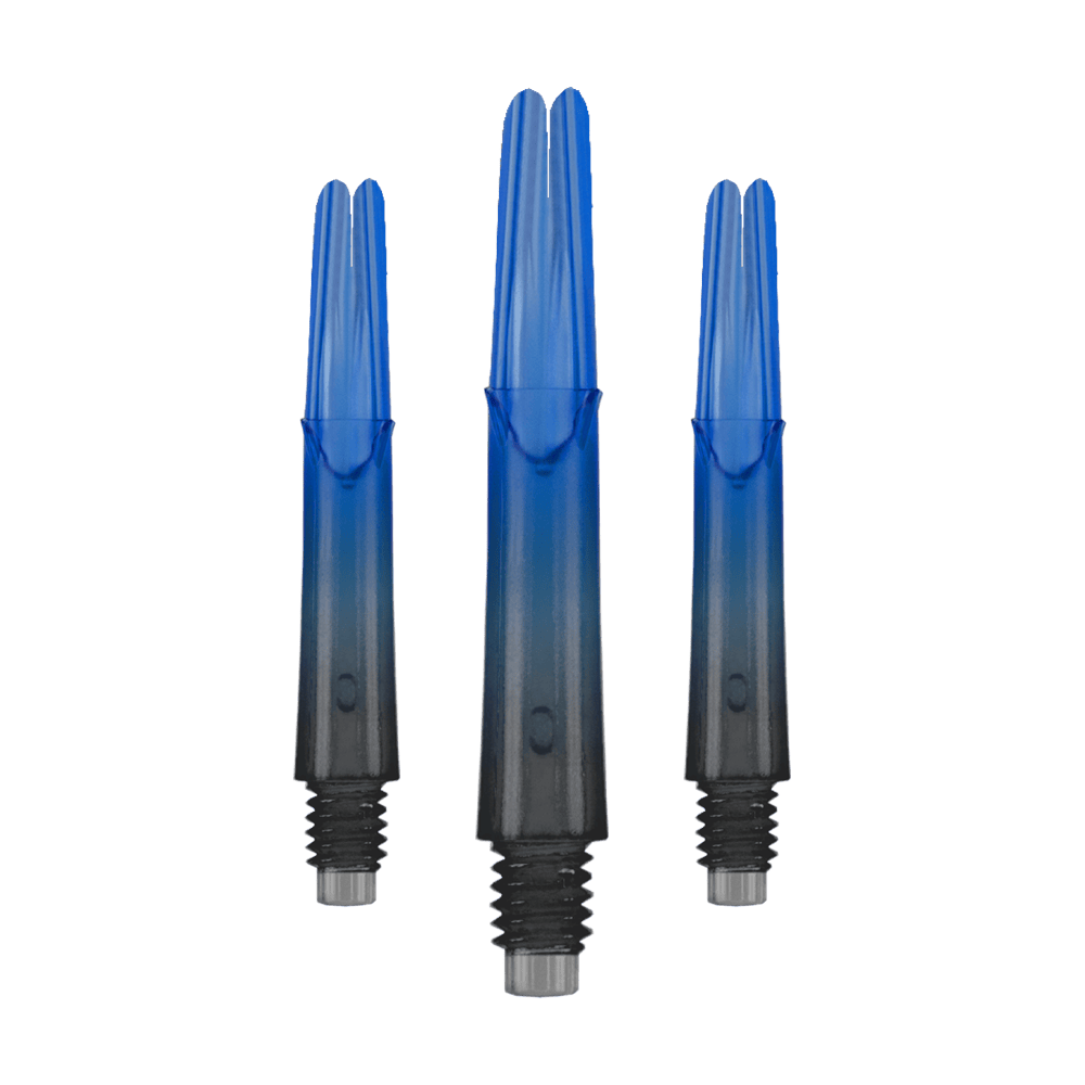 Varilla L-L-Style-Shaft Locked Straight Natural9 de dos tonos - Azul Das Bild zeigt drei gerade Dartschäfte mit einem Farbverlauf von Schwarz zu Blau. Sie haben Gewinde am unteren Ende und sind ohne Kappen abgebildet.