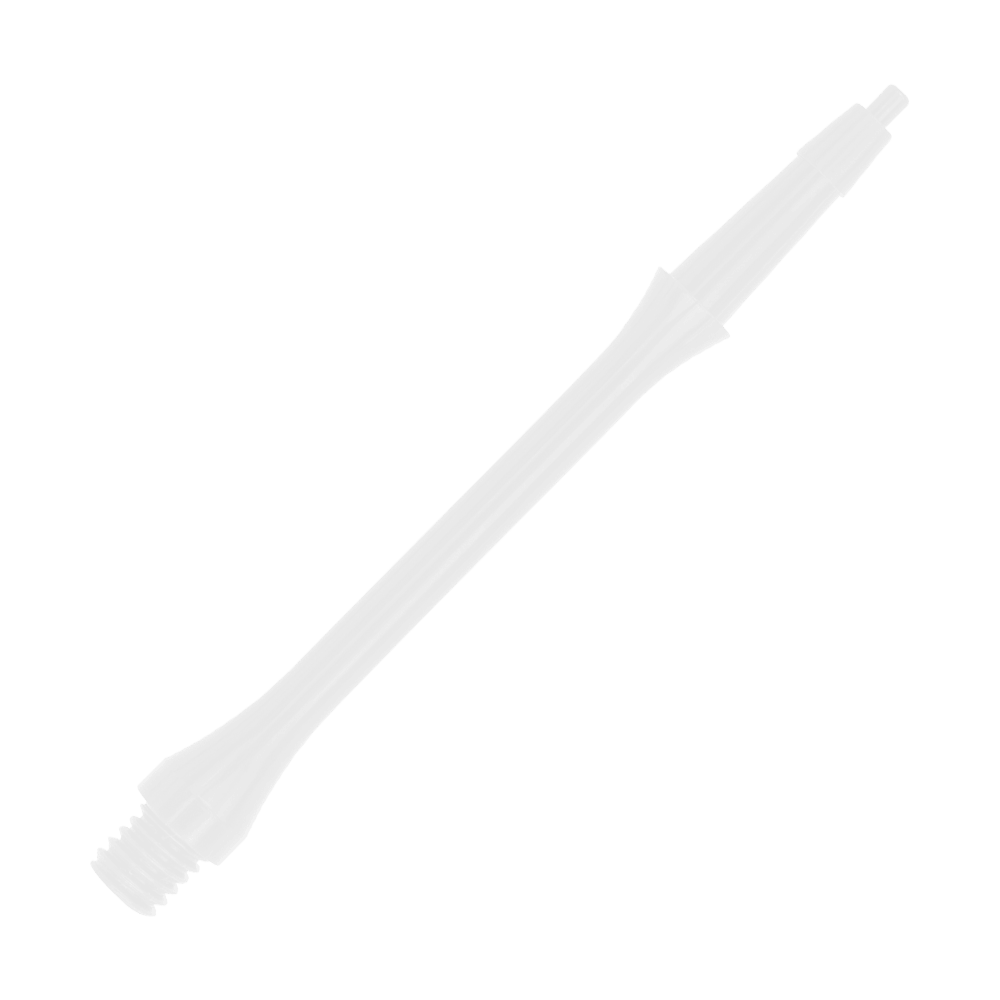 Das Bild zeigt einen weißen, schlanken Schaft für Darts der Marke Harrows Clic. Der Schaft ist aus Kunststoff und hat ein modernes, schlankes Design.