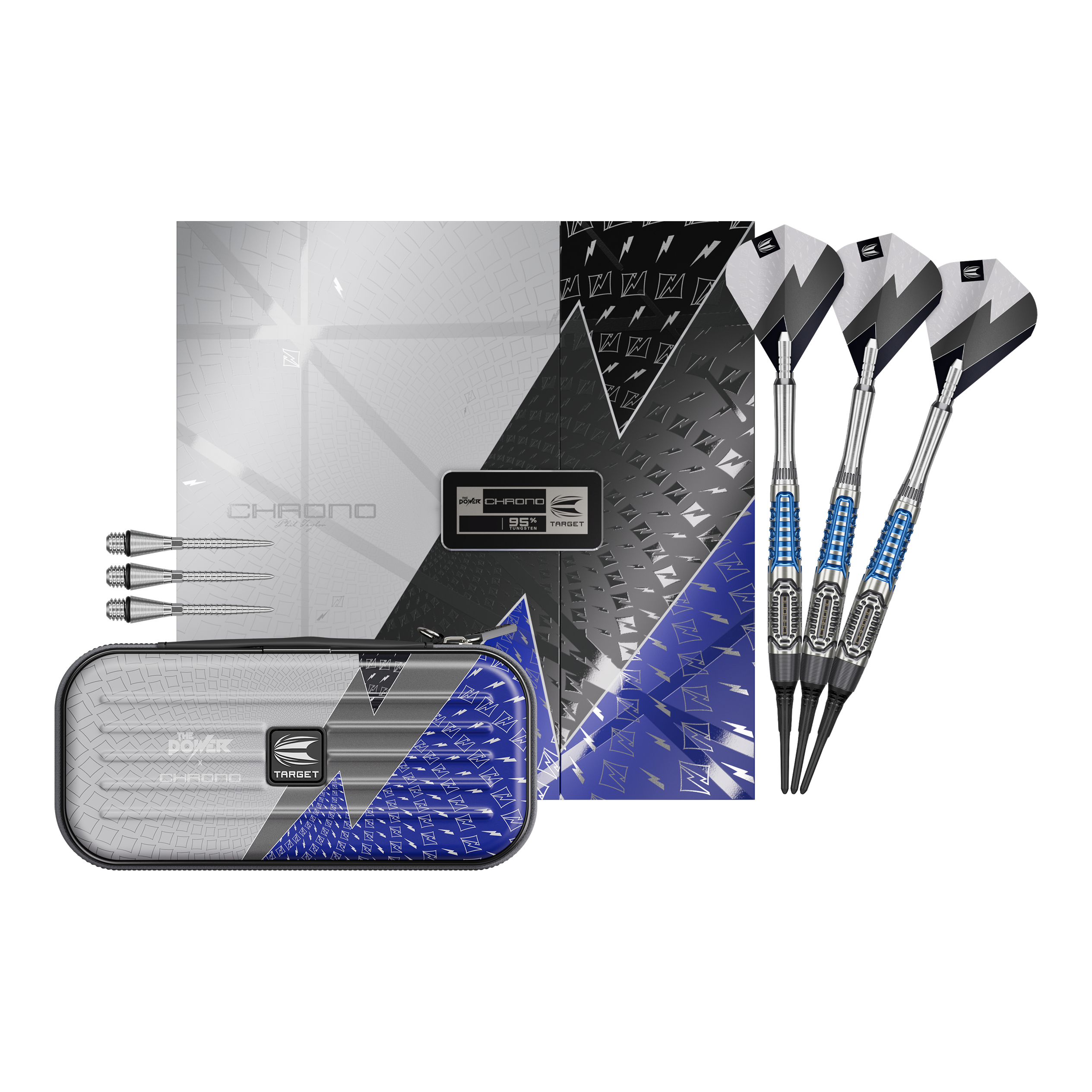 Dardos blandos Target Phil Taylor Power X Chrono Hier sieht man die Target Phil Taylor Power X Chrono Softdarts. Die Softdarts sind vollständig dargestellt und zeigen das gesamte Set.