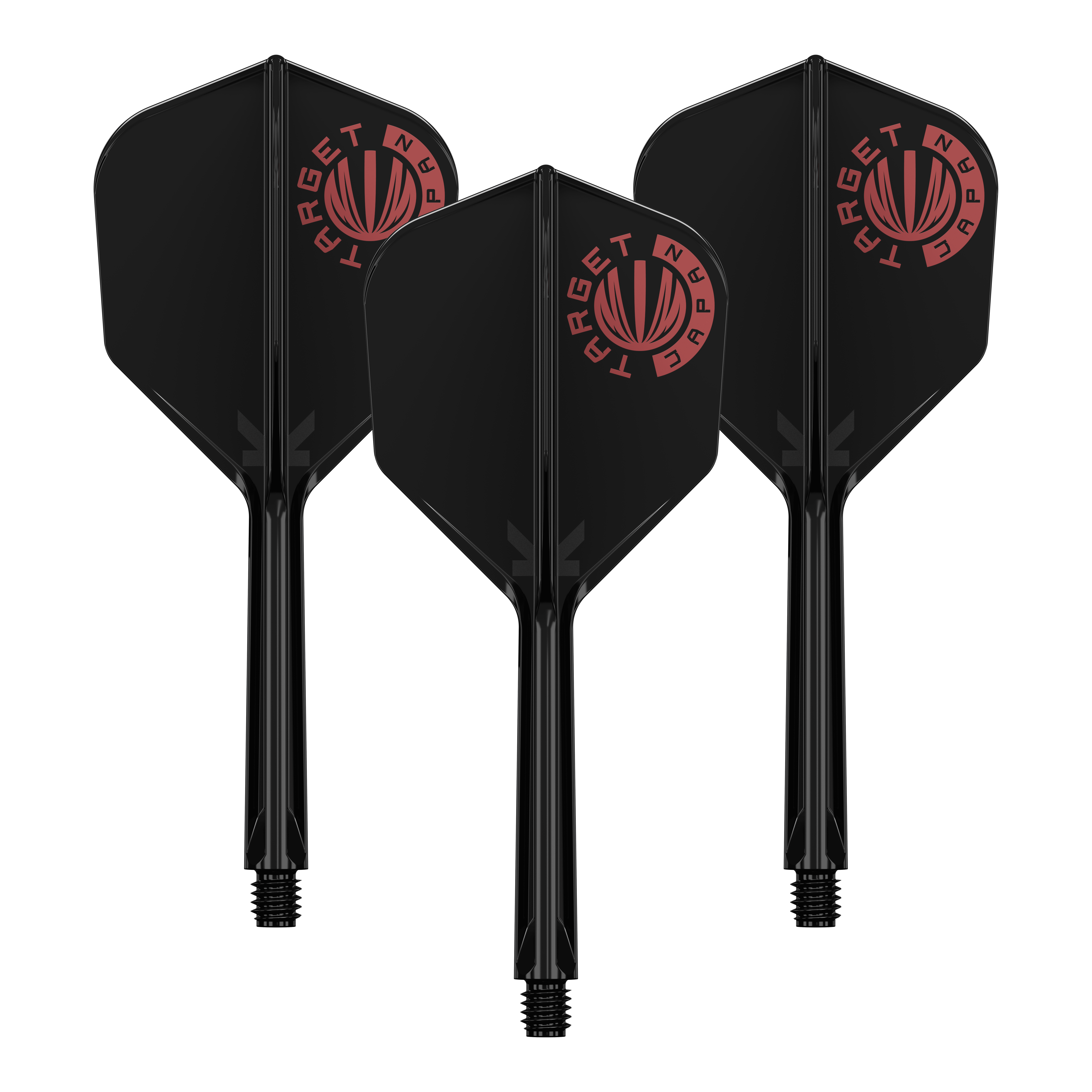 Target Japan K-Flex Logotipo original Rojo Negro No6 Sistema de eje de vuelo Auf dem Bild sind drei schwarze Dartflights mit integriertem Schaft zu sehen. Oben links auf jedem Flight befindet sich ein rotes Logo mit der Aufschrift "TARGET JAPAN".