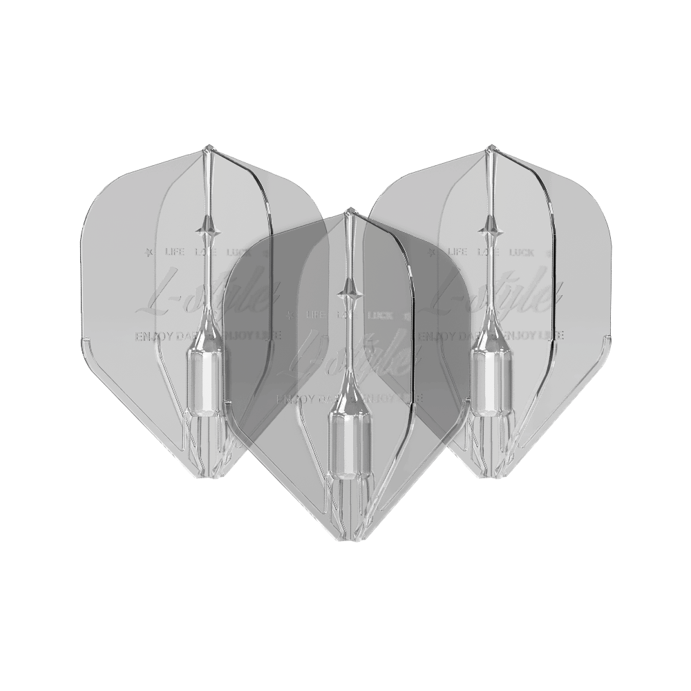 Plumas Fantom L1EZ estilo L transparentes Das Bild zeigt drei transparente Dartflights des Modells "L-Style Fantom L1EZ Flights Clear". Die Flights sind klar und haben eine klassische Pfeilform.
