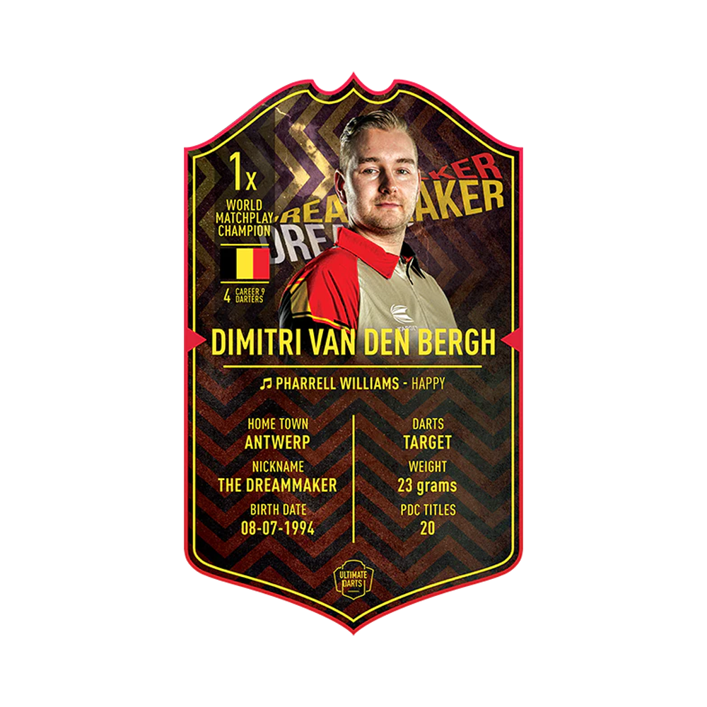 UDC-31_Ultimate_Darts_Card_Standard_DimitriVanDenBergh_1 Auf dem Bild ist die Ultimate Darts Karte von Dimitri Van Den Bergh zu sehen. Die Karte zeigt ein Porträt von ihm sowie wichtige Informationen zu seiner Dartkarriere.