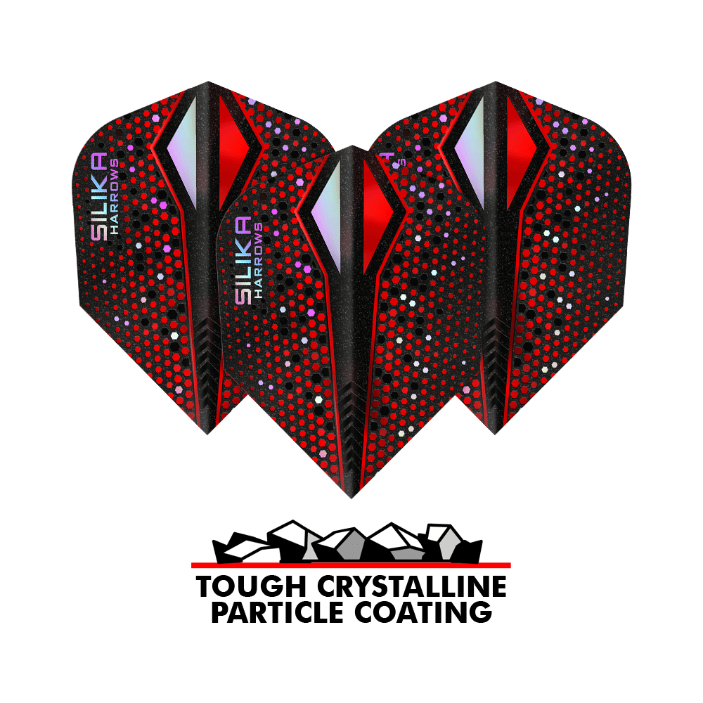 Plumas Harrows Silika Colourshift Tough Crystalline Coating Red-X No6 Das Bild zeigt drei Dart-Flights der Marke Harrows Silika Colourshift in Rot und Schwarz mit bunten Punkten. Unter den Flights steht der Text „Tough Crystalline Particle Coating“ mit einer Grafik von kleinen Kristallen.
