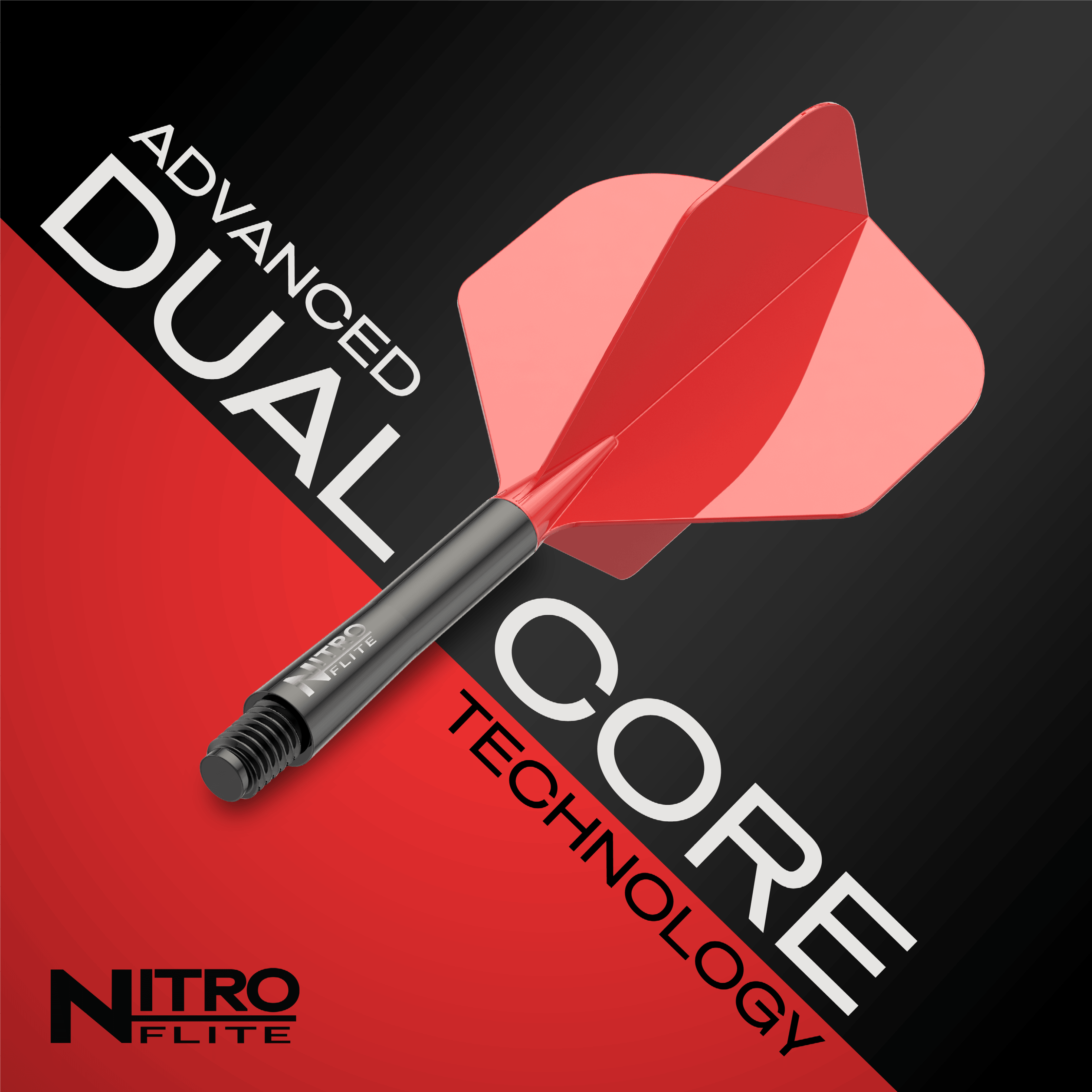 Red Dragon Nitroflite - Vuelo rojo con eje negro n.° 2 Das Bild zeigt die Red Dragon Nitroflite - Black Shaft Red No2 Flights. Die Dart-Flights sind schwarz und rot gestaltet.