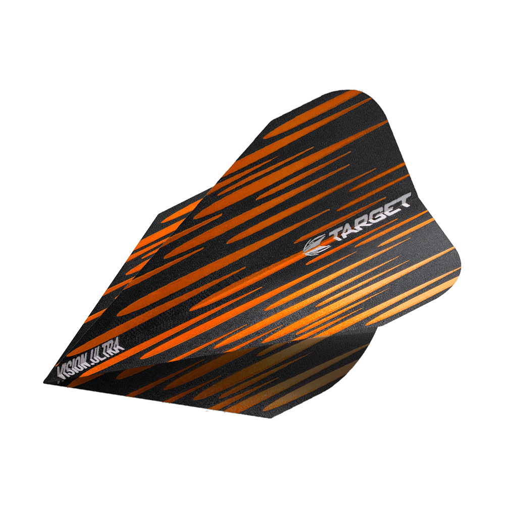 TG72_332380_Target_Vision_Ultra_Spectrum_Orange_Vapor_Flights_2 Das Bild zeigt ein Target Vision Ultra Spectrum Orange Vapor Flight. Das Flight ist schwarz mit orangefarbenen Streifen und dem Target-Logo bedruckt.