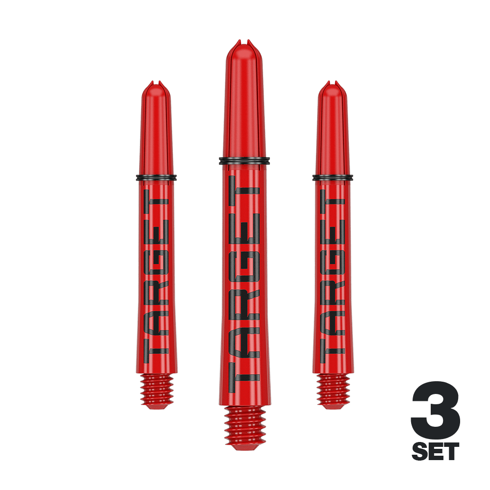 Varillas Target Pro Grip TAG - 3 juegos - Rojo Das Bild zeigt drei rote Dartschäfte mit der Aufschrift "TARGET". Unten rechts steht "3 SET", was auf ein Set mit drei Stück hinweist.