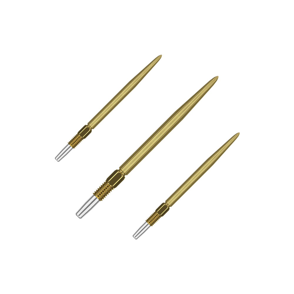 Puntas para dardos Target Swiss Point Nano - Oro Auf dem Bild sind drei goldfarbene Dartspitzen zu sehen. Sie haben eine feine Riffelung und ein silbernes Schraubgewinde am Ende.