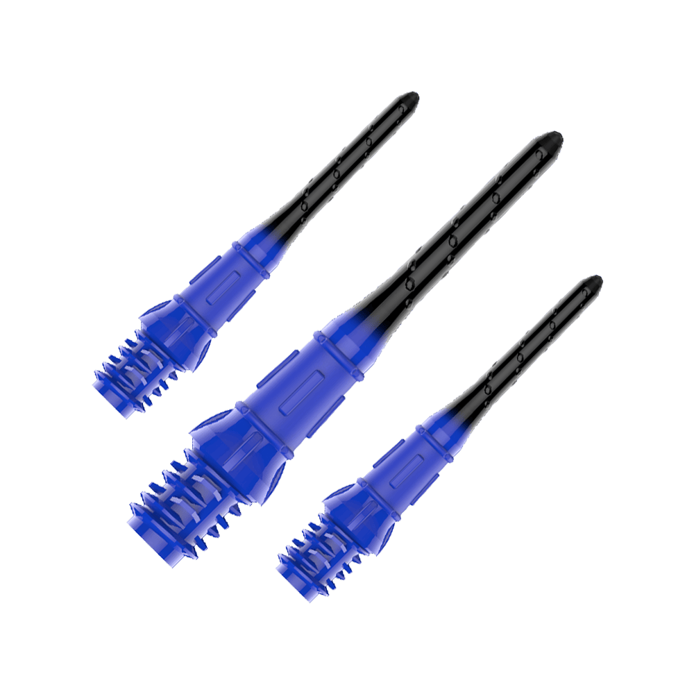 Puntas de dardos degradadas Lippoint Premium estilo L (paquete de 30) Das Bild zeigt drei schwarze und blaue Dartspitzen aus Kunststoff. Sie sind nebeneinander auf einem transparenten Hintergrund angeordnet.