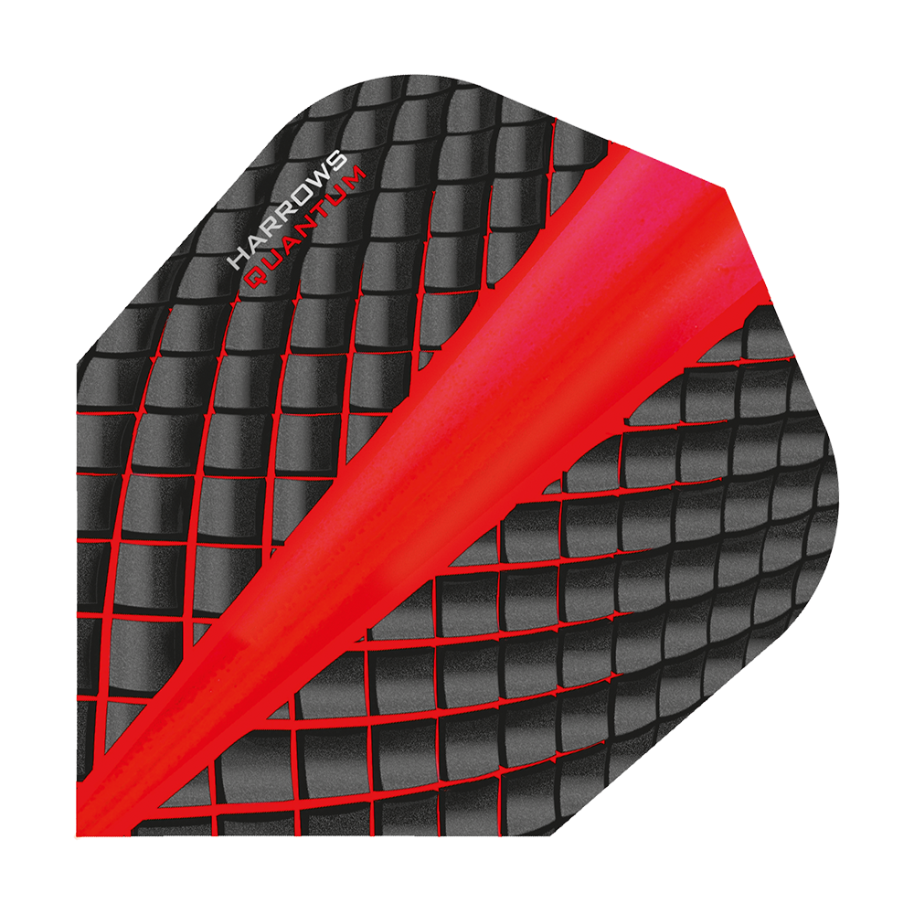 HR6804_Harrows_Quantum_Rot_No6_Flights_1 Das Bild zeigt ein Harrows Quantum Rot No6 Dartflight. Das Flight hat ein schwarzes, rautenförmiges Muster mit roten Akzenten und einer roten Diagonale.