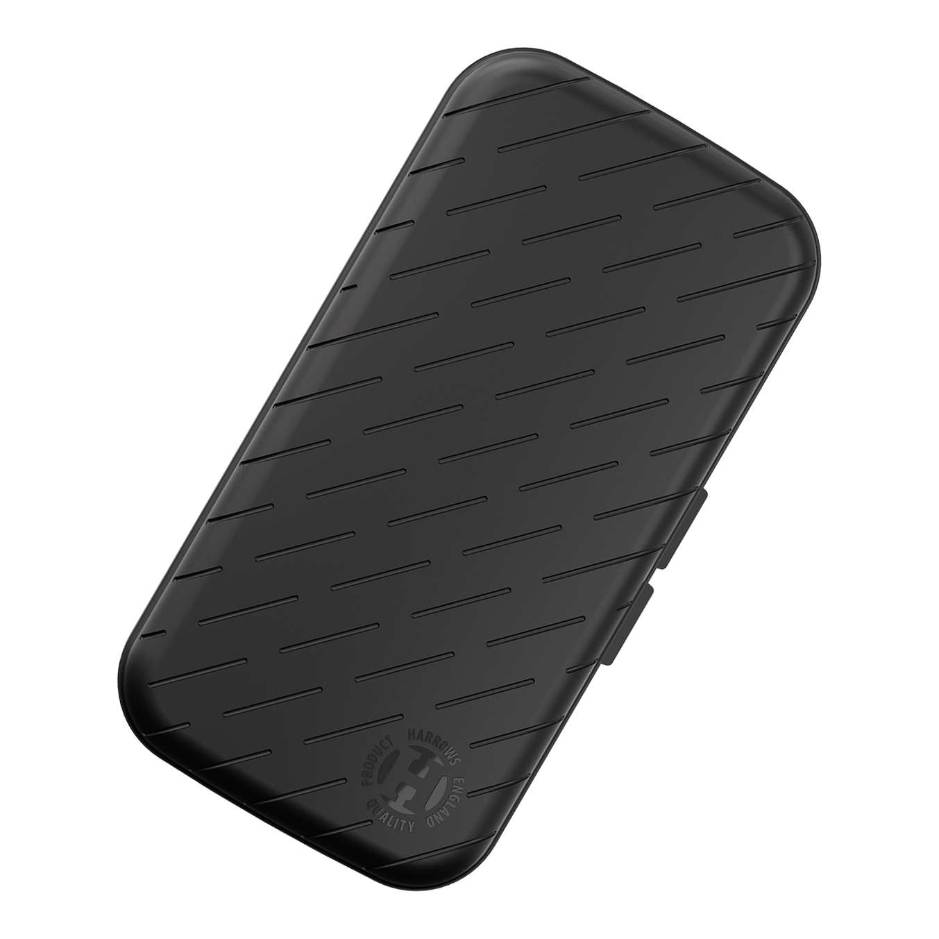 Estuche para dardos Harrows Slimcase Dies ist ein schlankes, schwarzes Etui mit schrägen Linien auf der Oberfläche. In der Ecke befindet sich ein rundes Harrows-Logo.