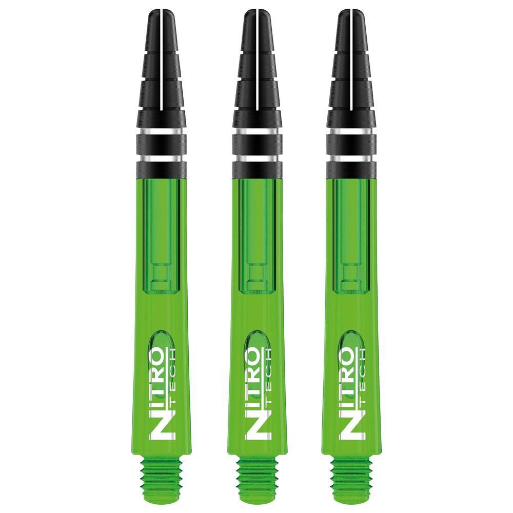 Das Bild zeigt drei grüne RedDragon Nitrotech Shafts. Sie sind für Dartpfeile und haben schwarze Spitzen.