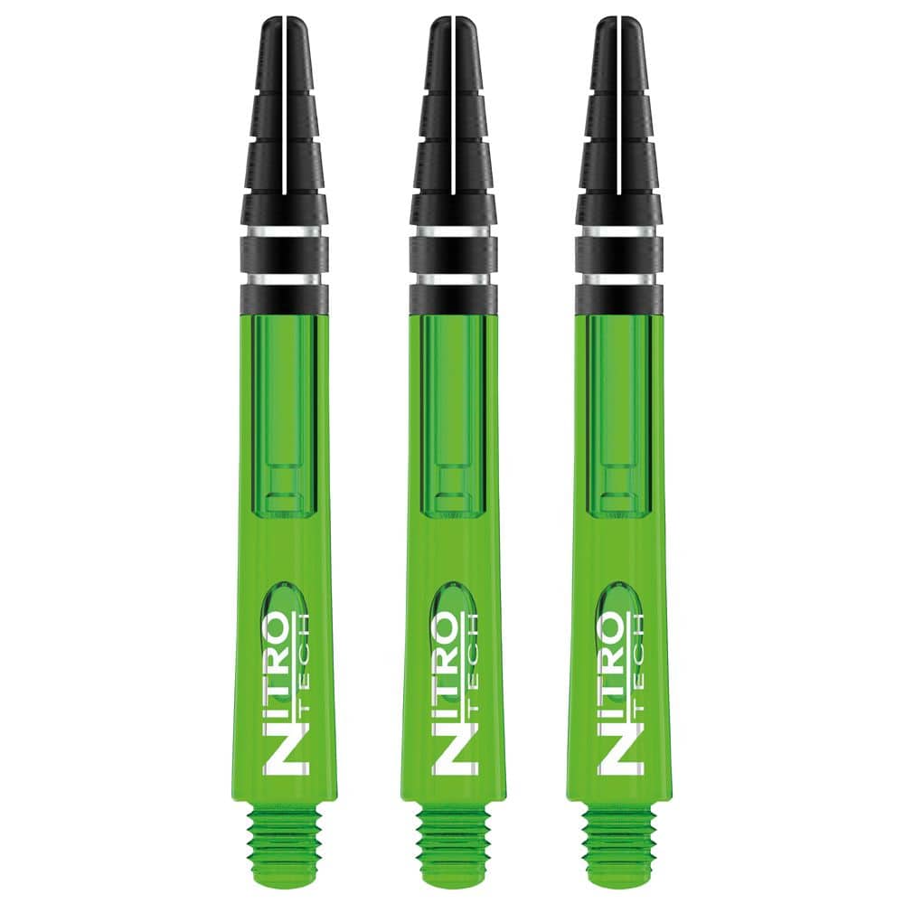 C451_Nitrotech_Medium_Green_V Das Bild zeigt drei grüne RedDragon Nitrotech Shafts. Sie sind für Dartpfeile und haben schwarze Spitzen.