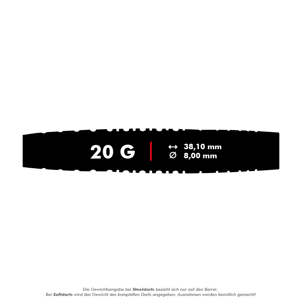 Dardos blandos Red Dragon Rifle - 20 g Das Bild zeigt die Red Dragon Rifle Softdarts mit einem Gewicht von 20 Gramm. Die Maße sind 38,10 mm Länge und 8,00 mm Durchmesser.