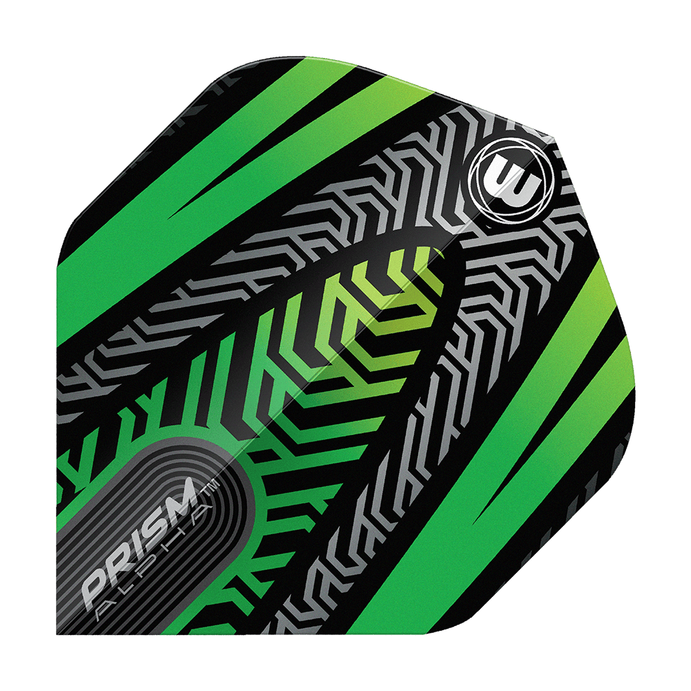 Winmau Prism Alpha Negro Verde No. 2 Vuelos Estándar Ein einzelner Winmau Prism Alpha Schwarz No2 Standard Flight wird präsentiert. Konturen und Details sind klar zu erkennen.