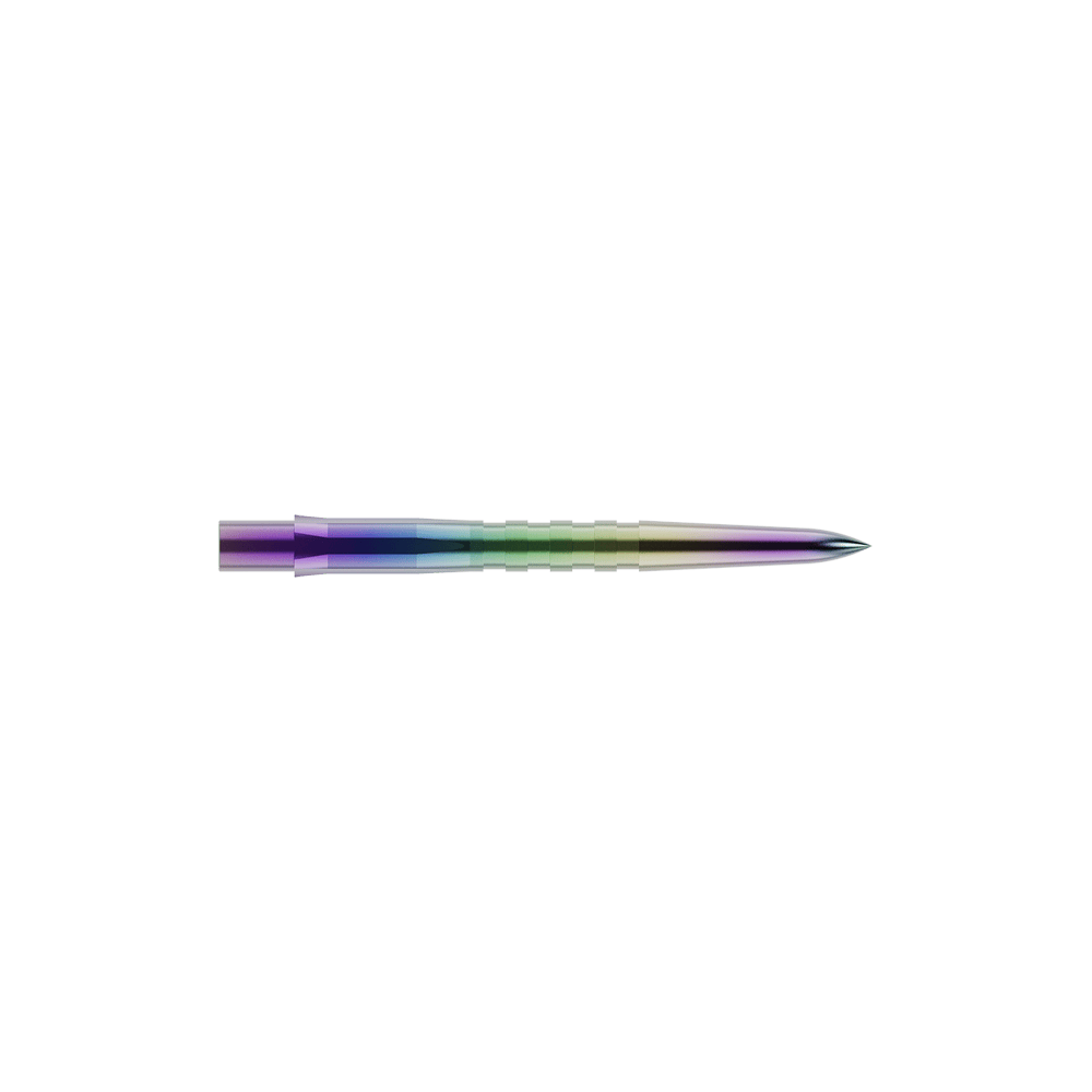 Puntas de dardos Mission Caliburn EVO - Ranuradas - Coral Dies ist eine bunte, gerillte Steeldartspitze. Sie hat eine glänzende Oberfläche mit Farbverlauf und ist vorne spitz zulaufend.