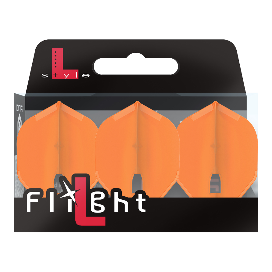 Plumas Estilo L Champán - Estándar L1PRO Auf dem Bild ist eine Packung mit drei orangefarbenen Dart-Flights zu sehen. Die Verpackung trägt die Aufschrift „L-Style Flight“.