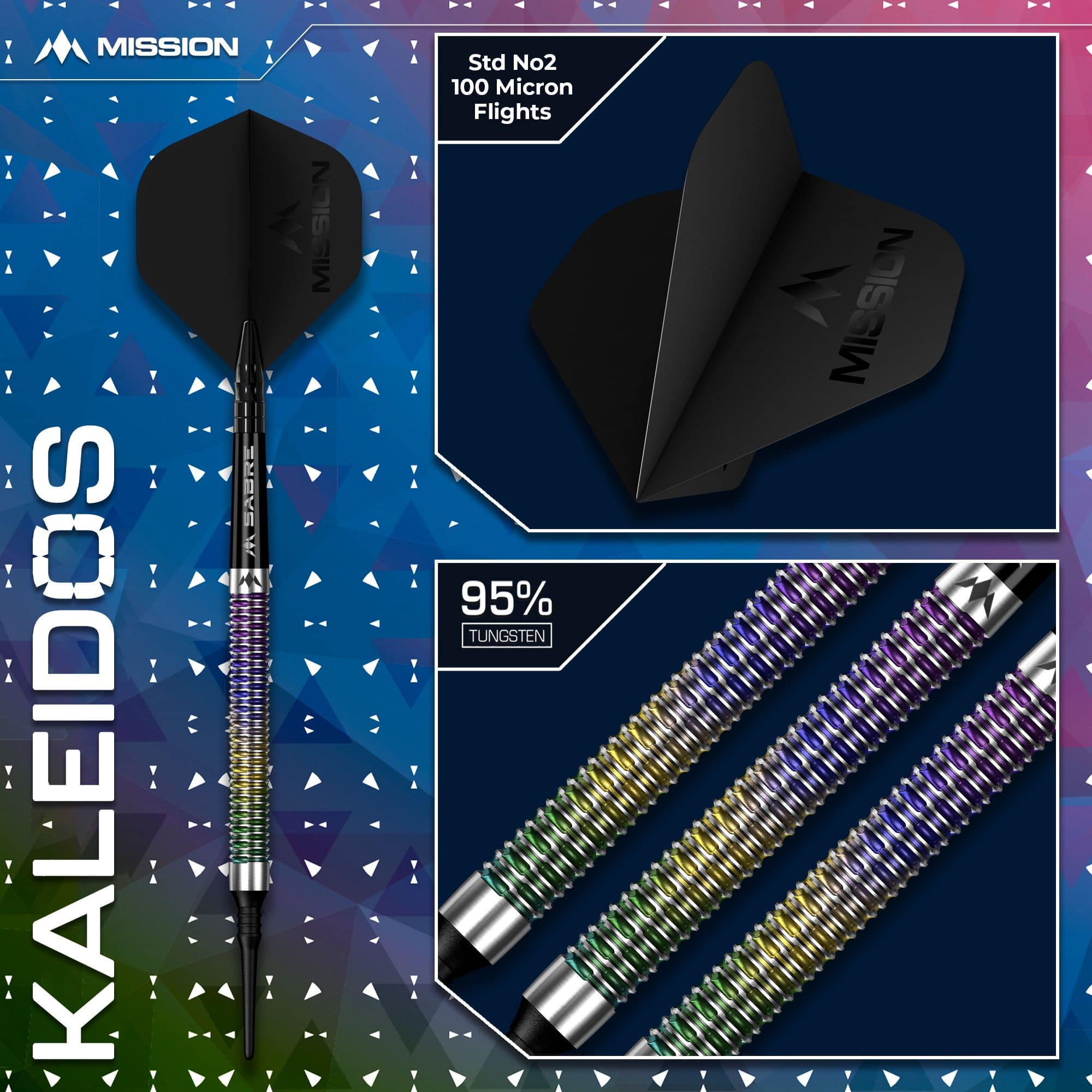Dardos blandos Mission Kaleidos - 19 g Hier ist Mission Kaleidos Softdarts - 19g zu sehen. Die Darts eignen sich perfekt für elektronische Dartboards.