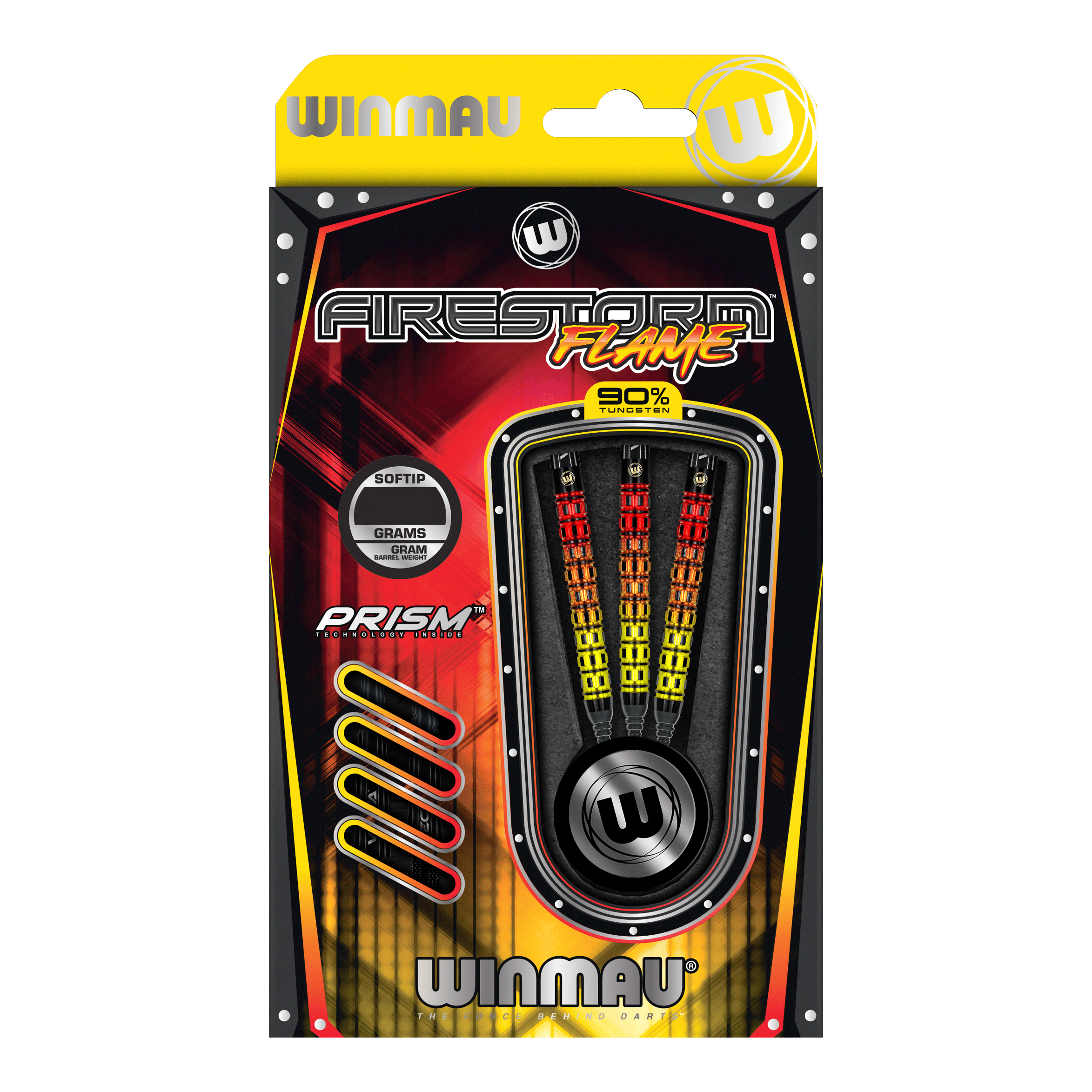 Dardos blandos paralelos Winmau Firestorm Flame - 20 g Das Bild zeigt eine Verpackung der "Winmau Firestorm Flame Parallel Softdarts - 20g". In der Packung befinden sich drei farbenfrohe Softdarts mit 90% Tungsten-Anteil.