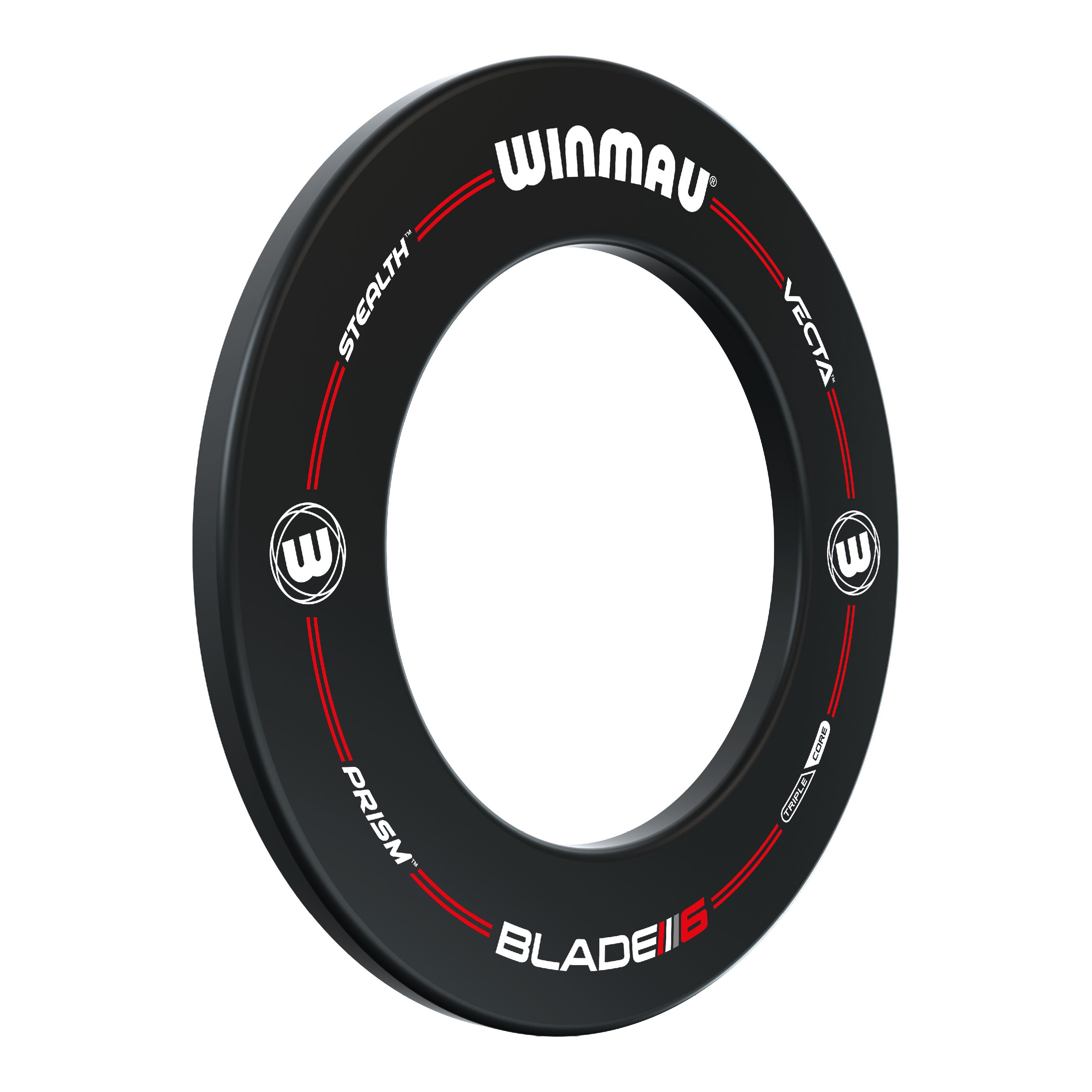 Winmau Pro-Line Blade 6 Dartboard Surround Das Bild zeigt das Produkt "Winmau Pro-Line Blade 6 Dartboard Surround". Es ist ein schwarzer Dartboard-Surround mit weißen und roten Aufdrucken.