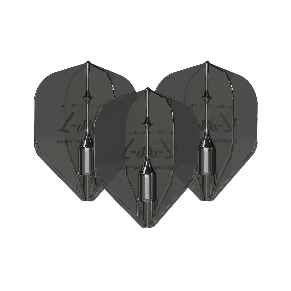 Plumas L-Style Fantom L1EZ Negras Das Bild zeigt drei schwarze L-Style Fantom L1EZ Flights für Darts. Die Flights sind nebeneinander angeordnet und verfügen über ein glänzendes, modernes Design.