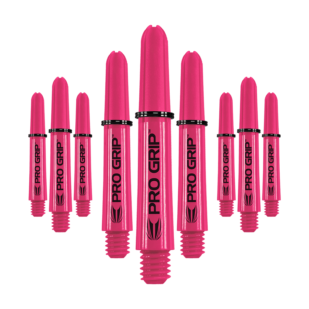 Varillas Target Pro Grip - 3 juegos - Rosa Das Bild zeigt neun pinkfarbene Dartschäfte mit der Aufschrift "PRO GRIP". Sie sind in drei Gruppen nebeneinander angeordnet.