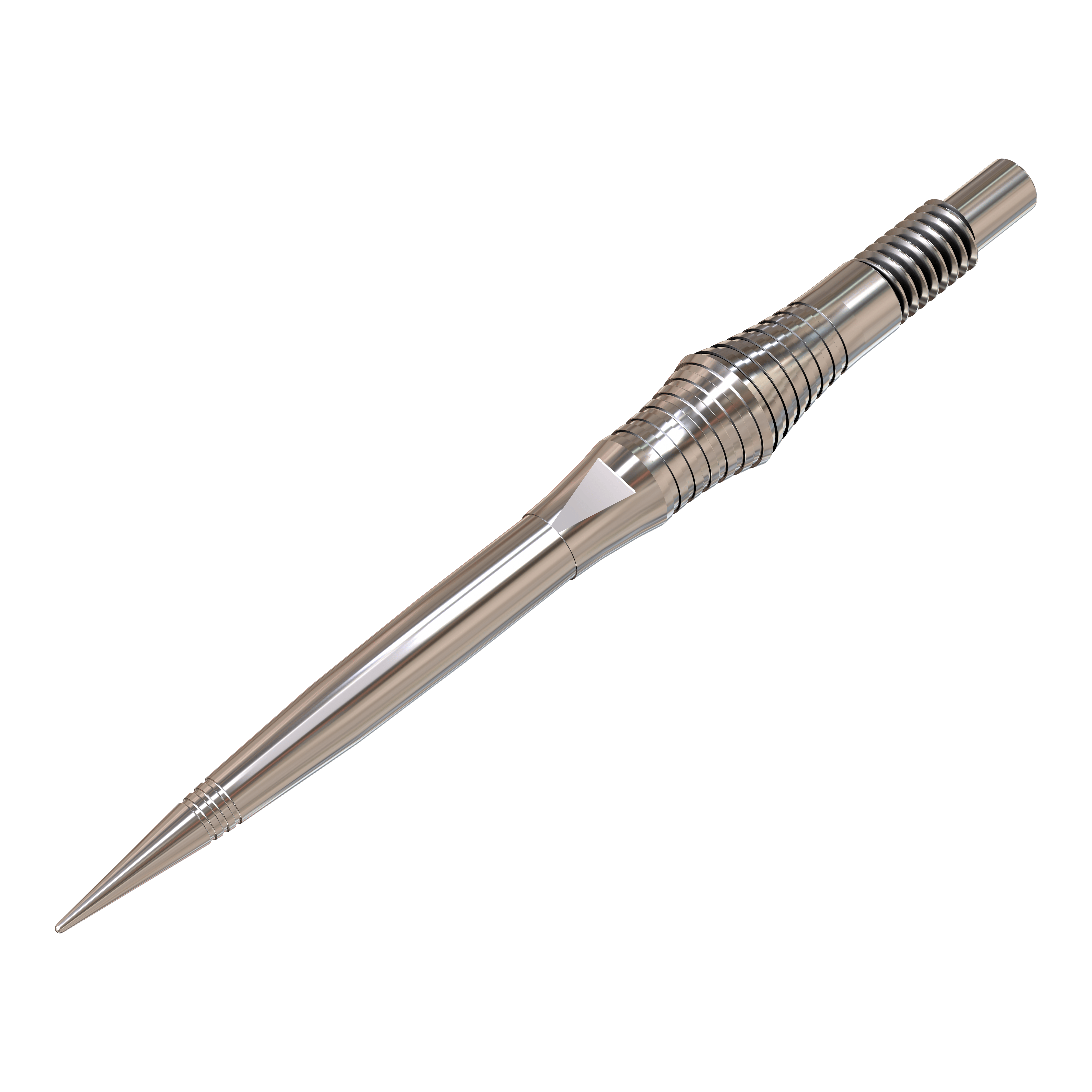 Puntas de dardo Harrows Quick Point Spire Elite Series - Plateadas Auf dem Bild sind einzelne silberne Dartspitzen zu sehen. Sie sind groß abgebildet und deutlich dargestellt.