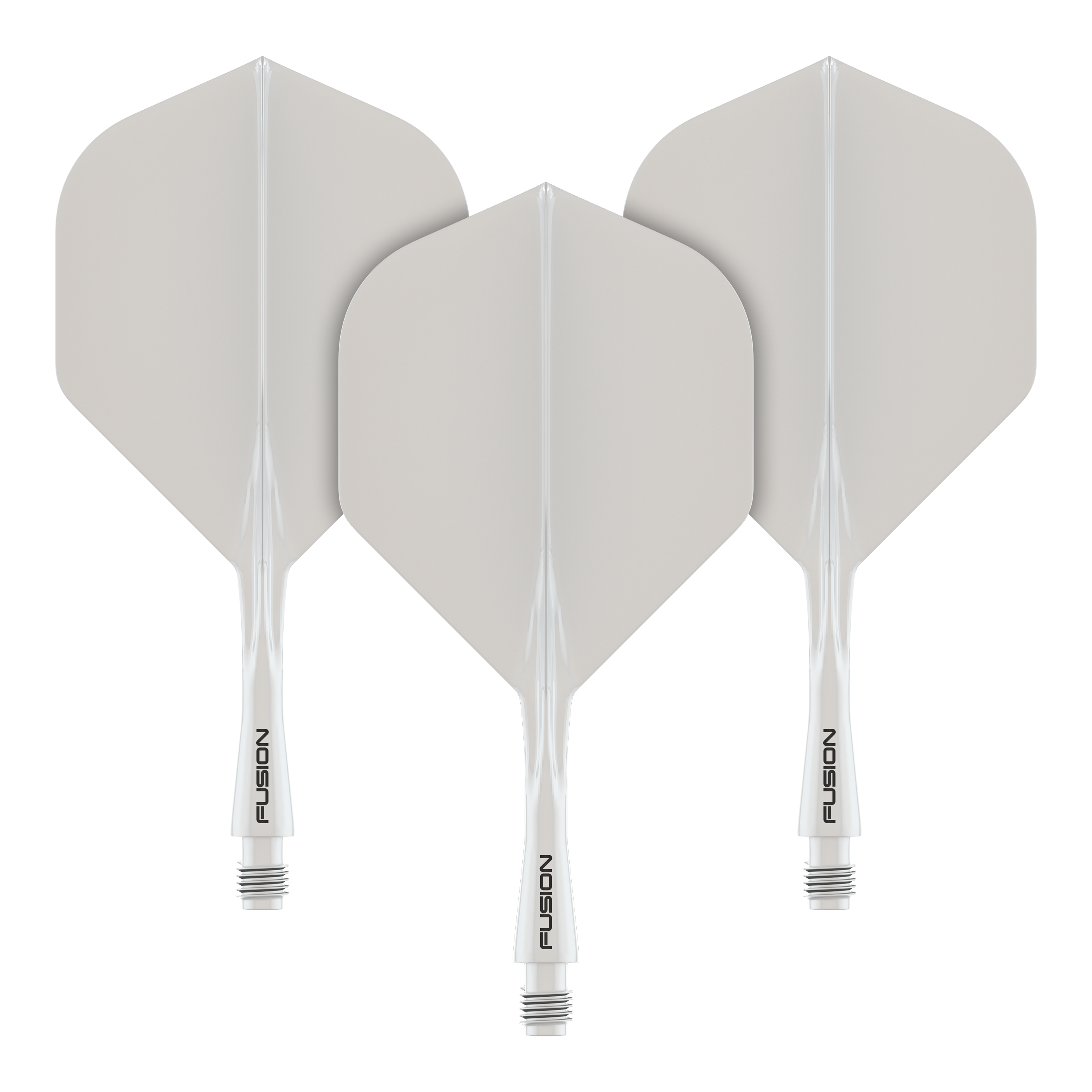 Sistema de eje de vuelo Winmau Fusion blanco estándar Das Bild zeigt drei weiße Dartflights mit integrierten Schäften. Auf den Schäften steht das Wort „FUSION“.