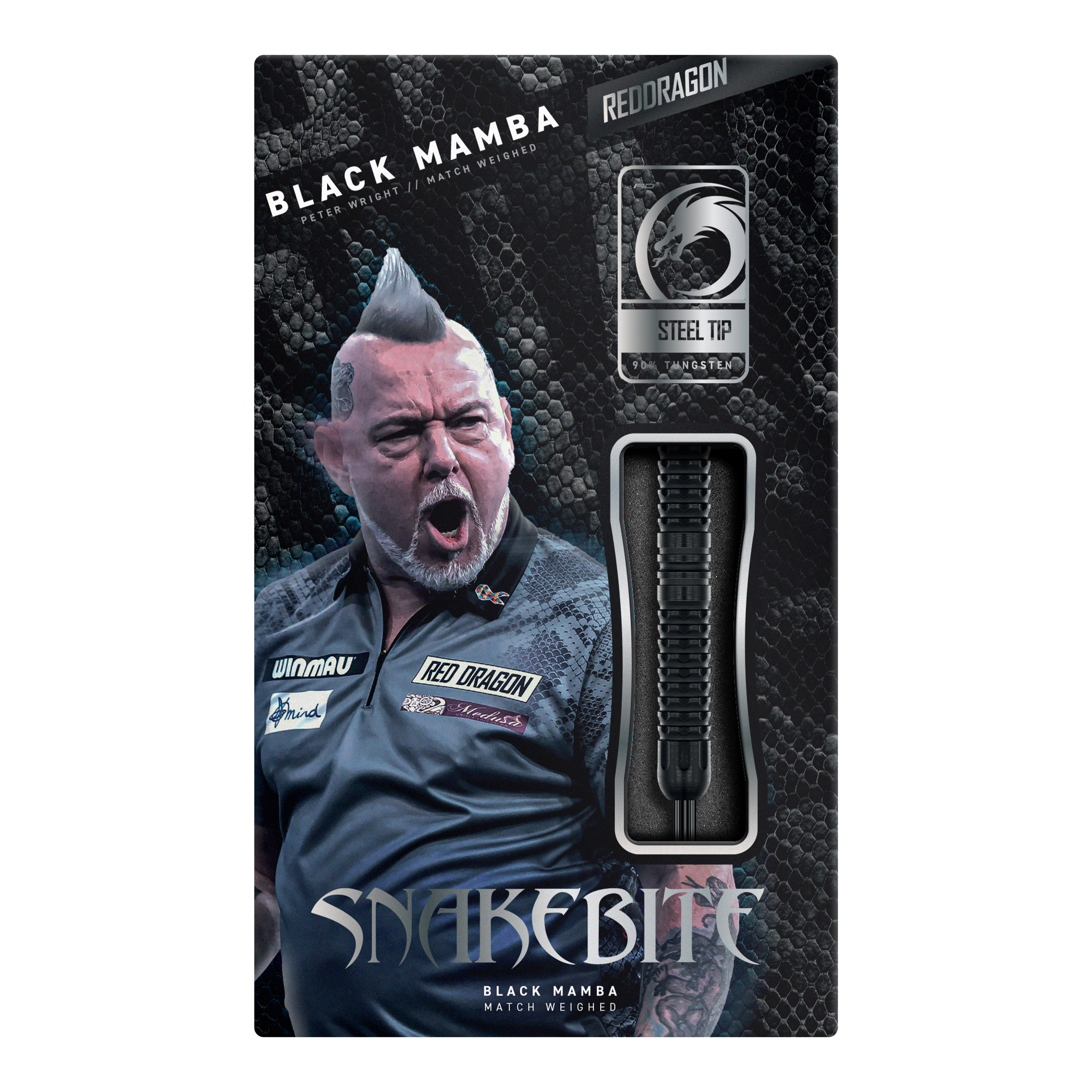 Dardos de acero Red Dragon Peter Wright Snakebite Black Mamba Red Dragon Peter Wright Snakebite Black Mamba Steeldarts, Nahaufnahme von mehreren Darts. Hochwertige Verarbeitung und modernes Design.
