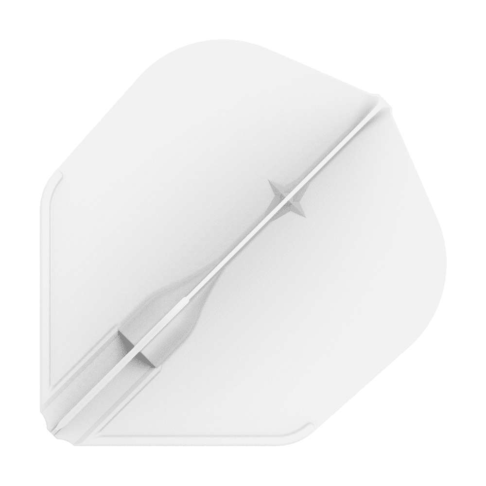 Vuelos L-L-Style3EZ Das Bild zeigt ein weißes Dartflight in einer einfachen, geometrischen Form. In der Mitte verläuft ein feiner, strukturierter Streifen mit einem kleinen Sternmotiv.