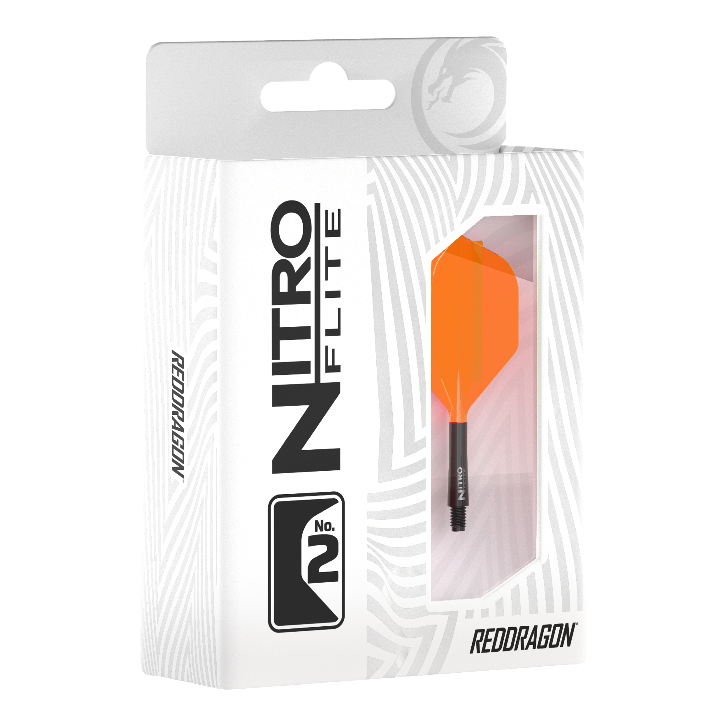 Abgebildet ist Red Dragon Nitroflite Black Shaft Orange Flights No2. Der Dart hat einen schwarzen Schaft und orange Flights.